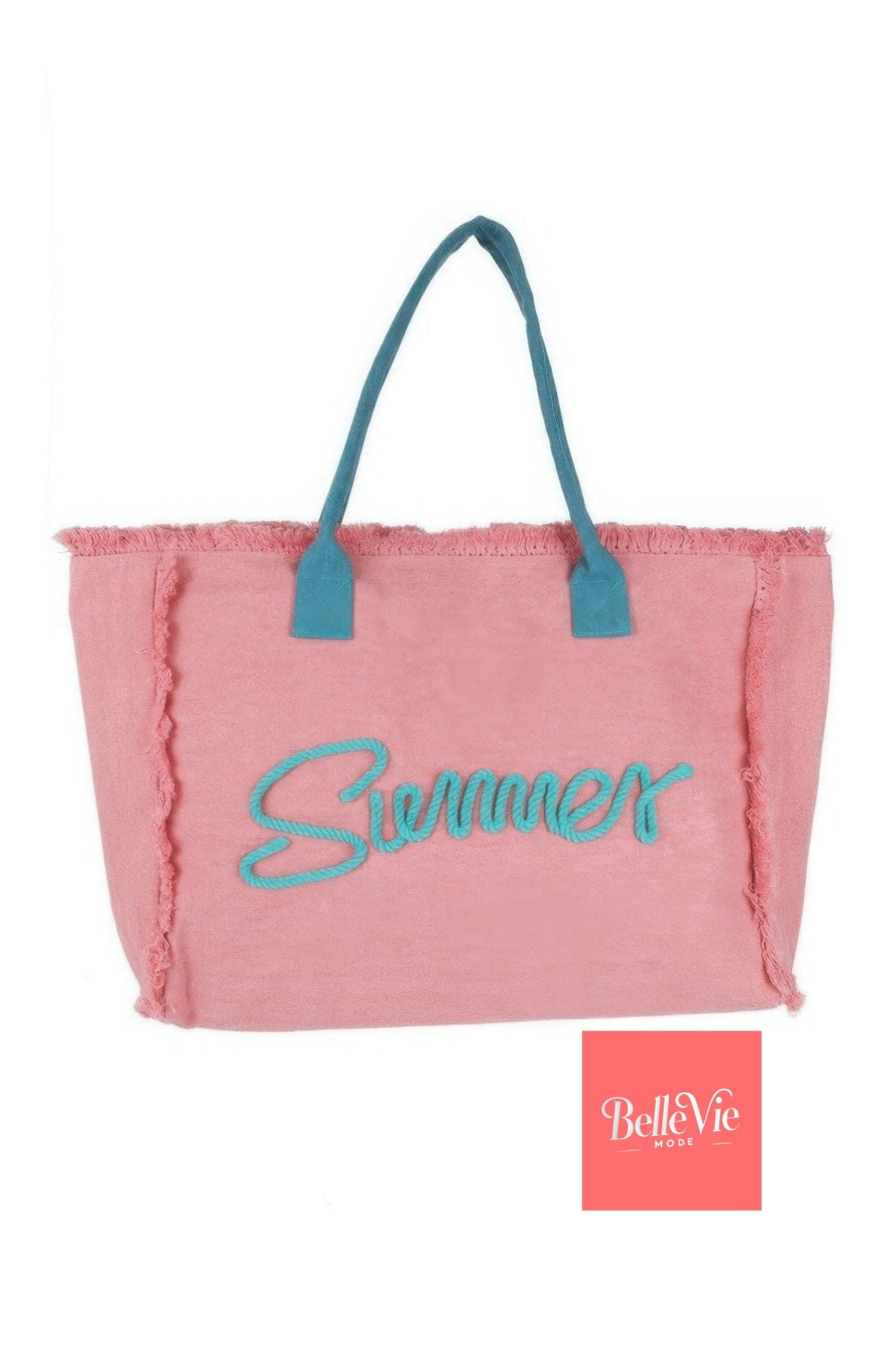 BelleVie Mode Pink Sewn Rope Summer Letter Fringed Canvas Bag