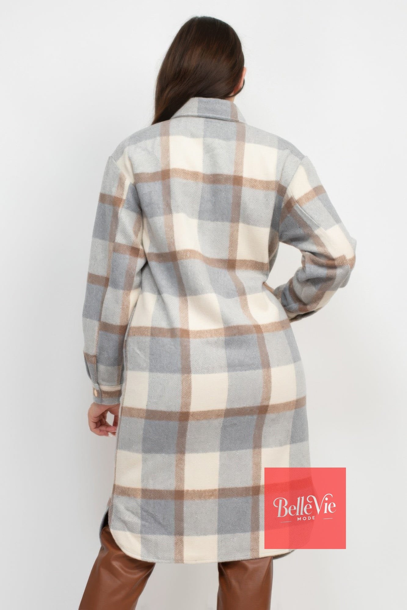 BelleVie Mode Plaid Buttoned Shacket Coat