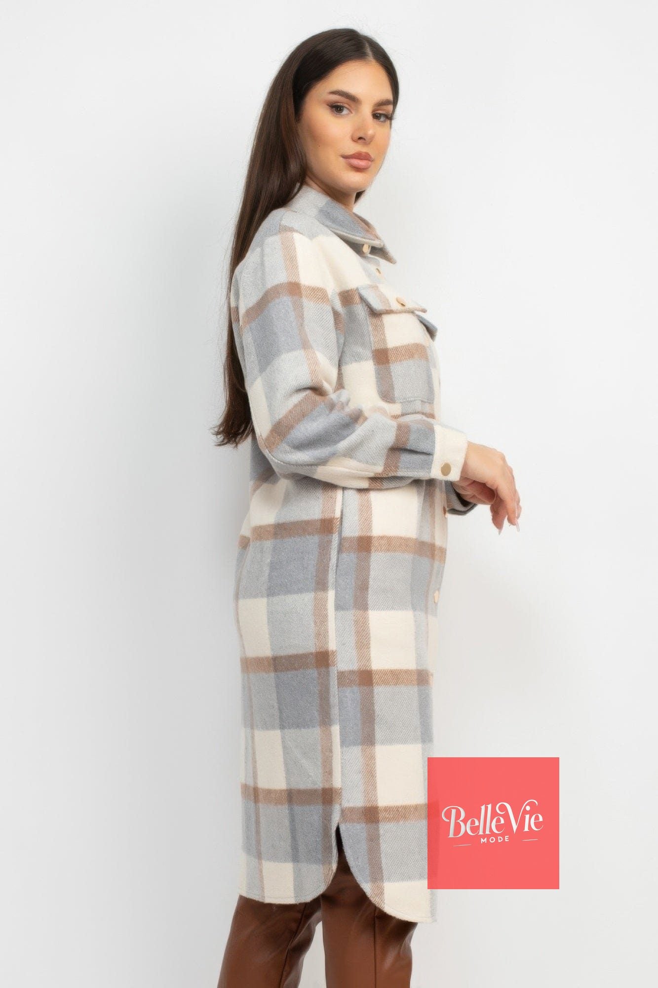 BelleVie Mode Plaid Buttoned Shacket Coat