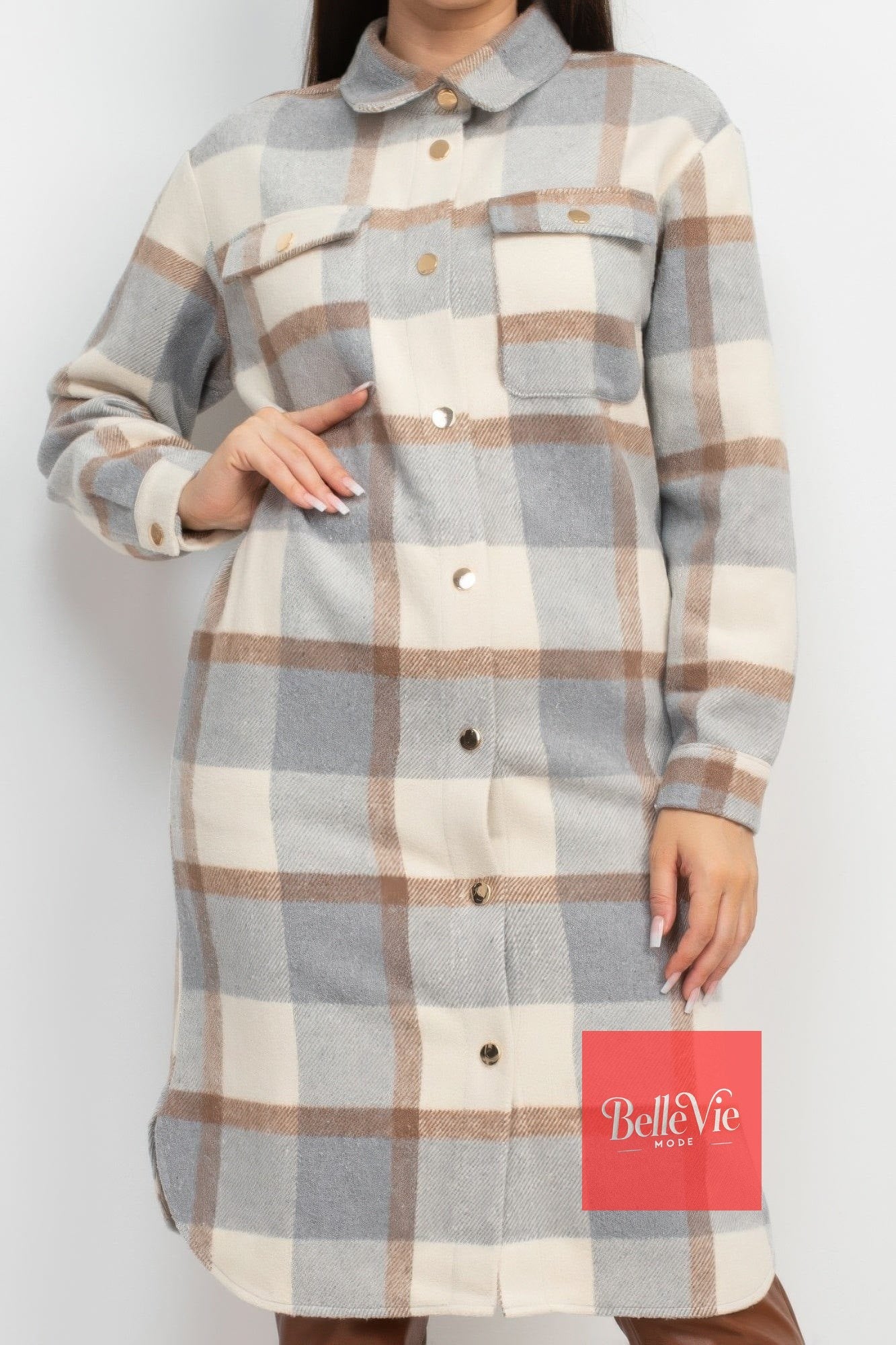 BelleVie Mode Plaid Buttoned Shacket Coat