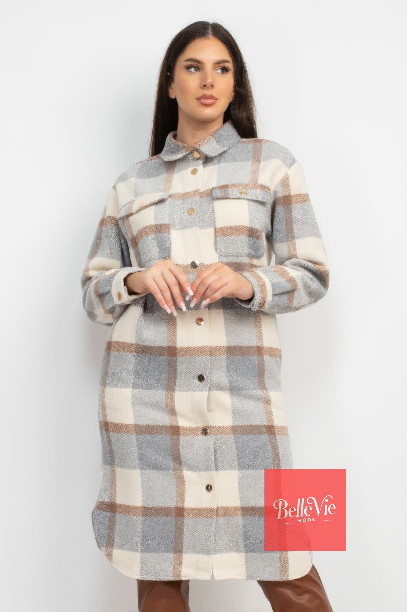 BelleVie Mode Plaid Buttoned Shacket Coat