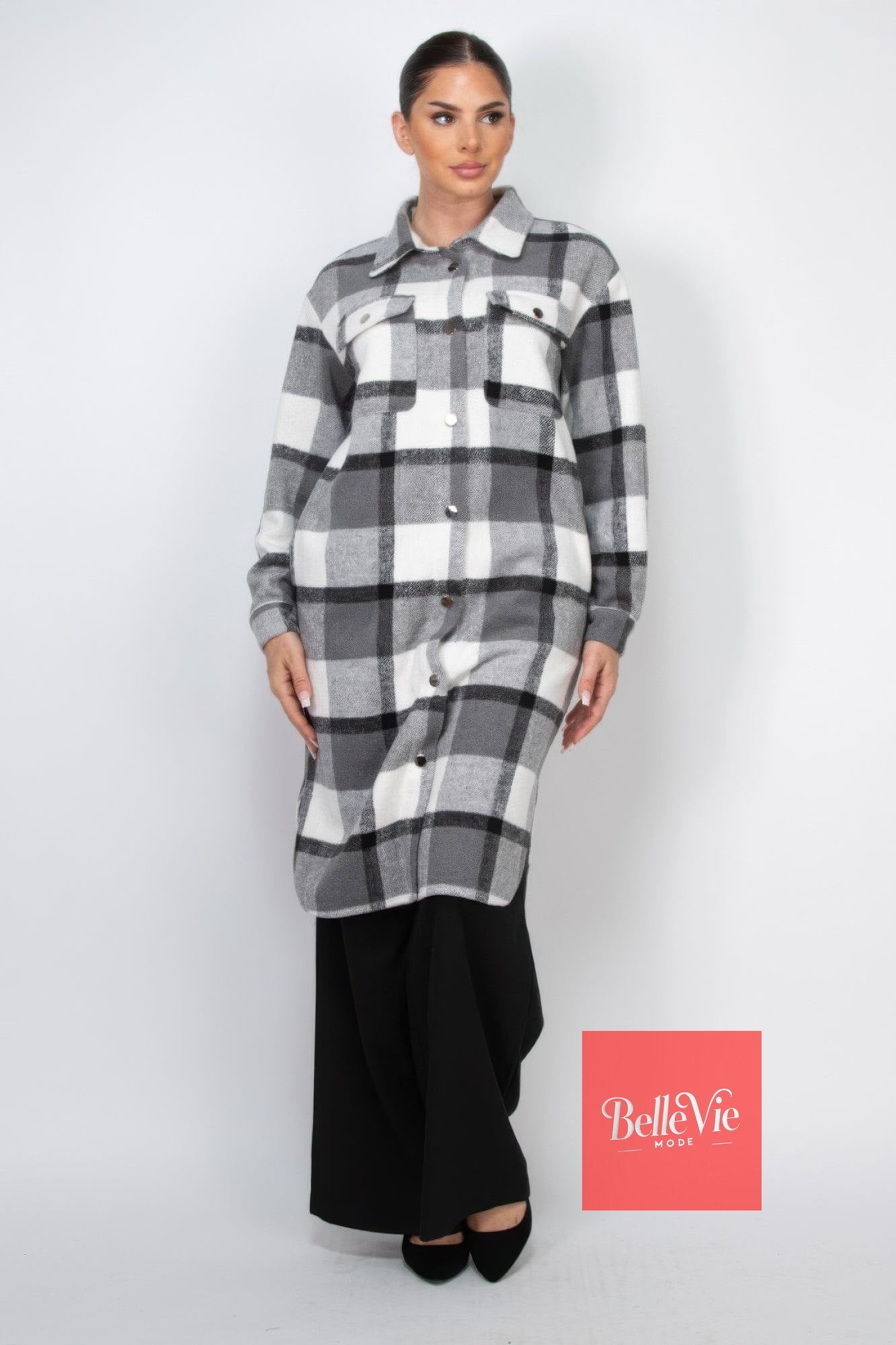 BelleVie Mode Plaid Buttoned Shacket Coat