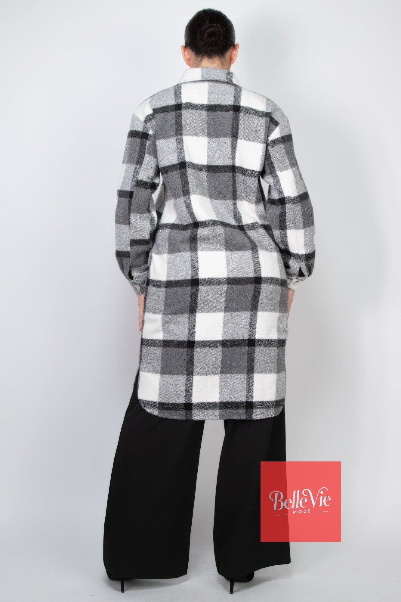 BelleVie Mode Plaid Buttoned Shacket Coat