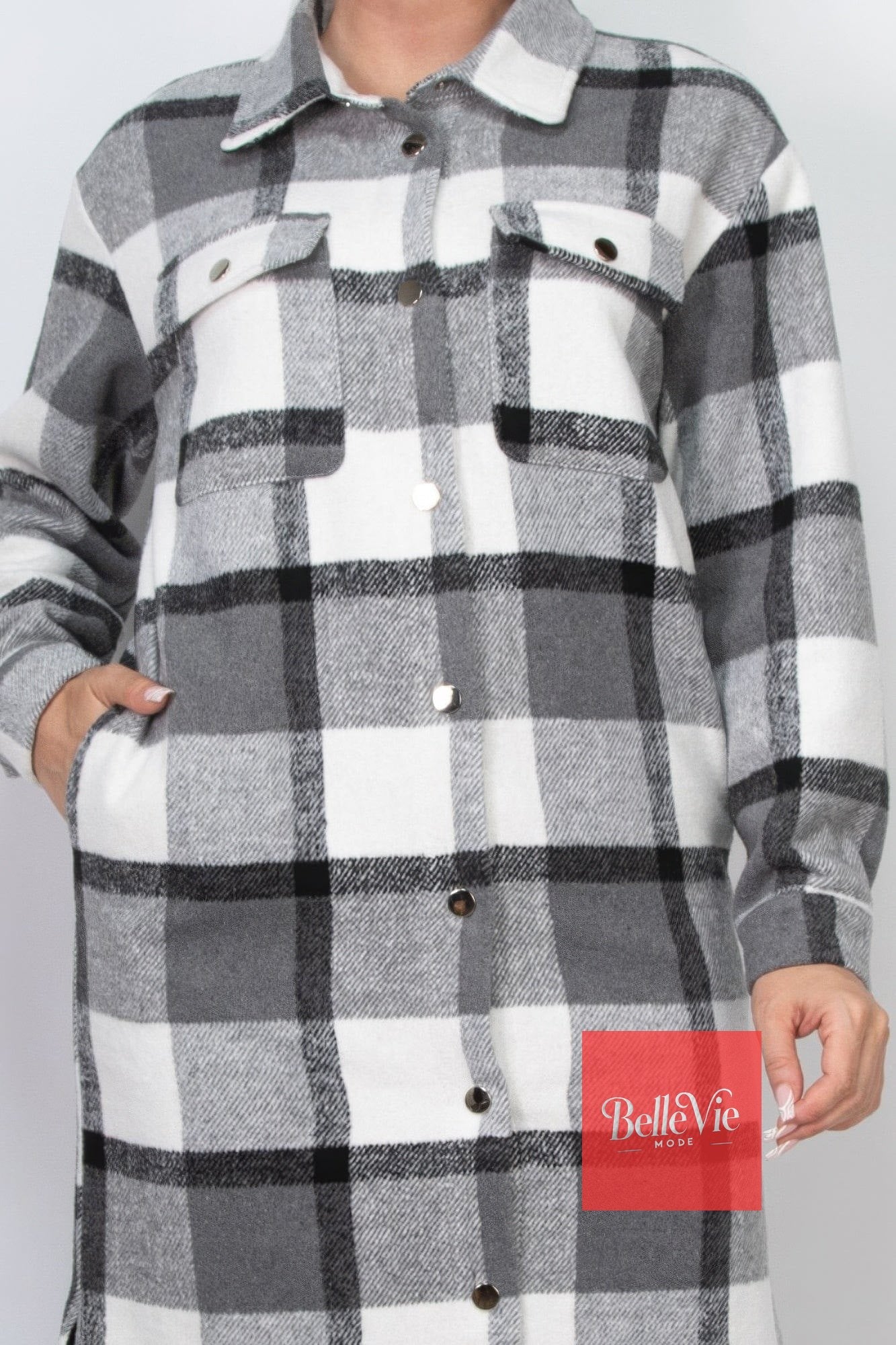 BelleVie Mode Plaid Buttoned Shacket Coat