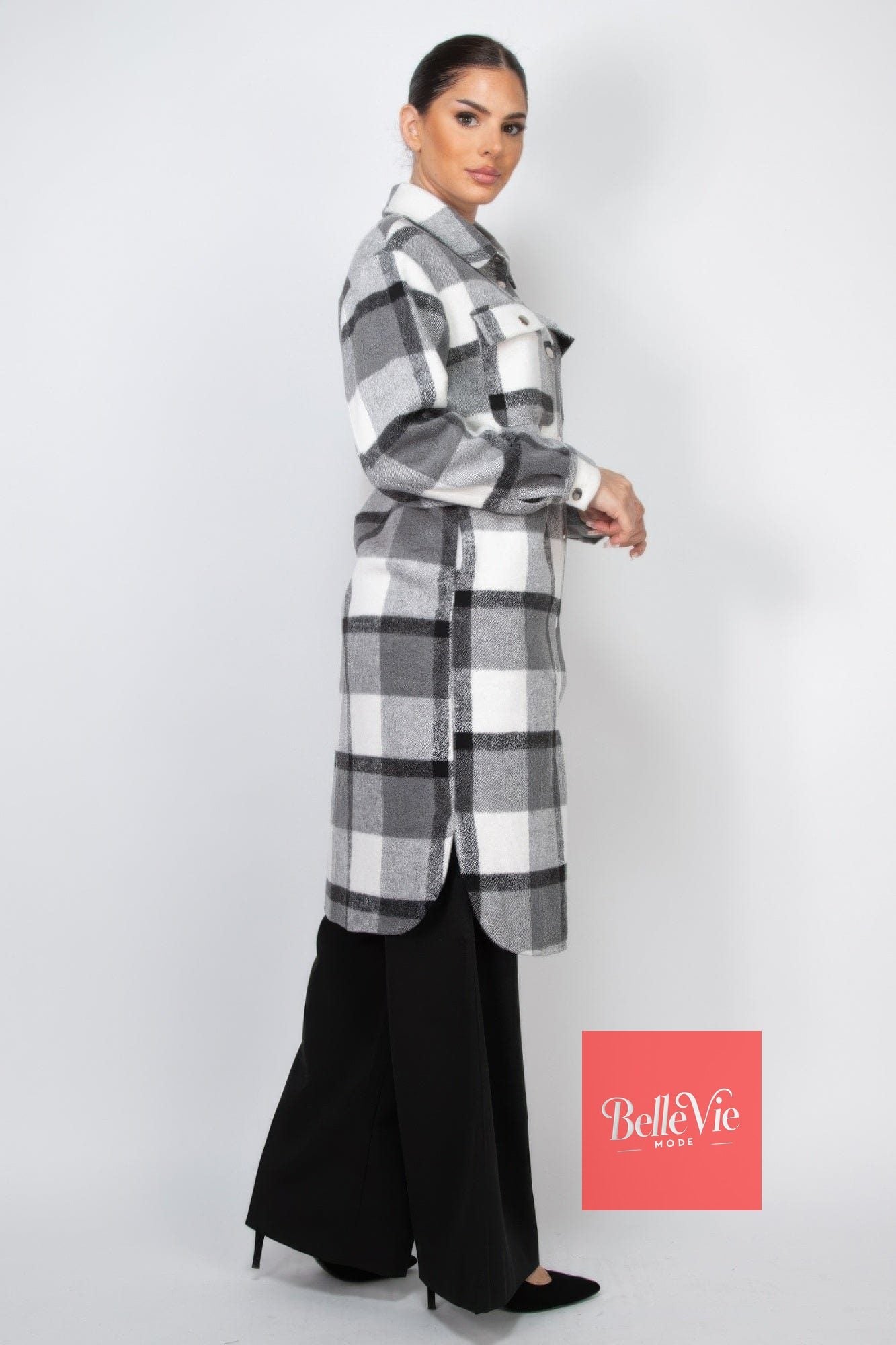 BelleVie Mode Plaid Buttoned Shacket Coat