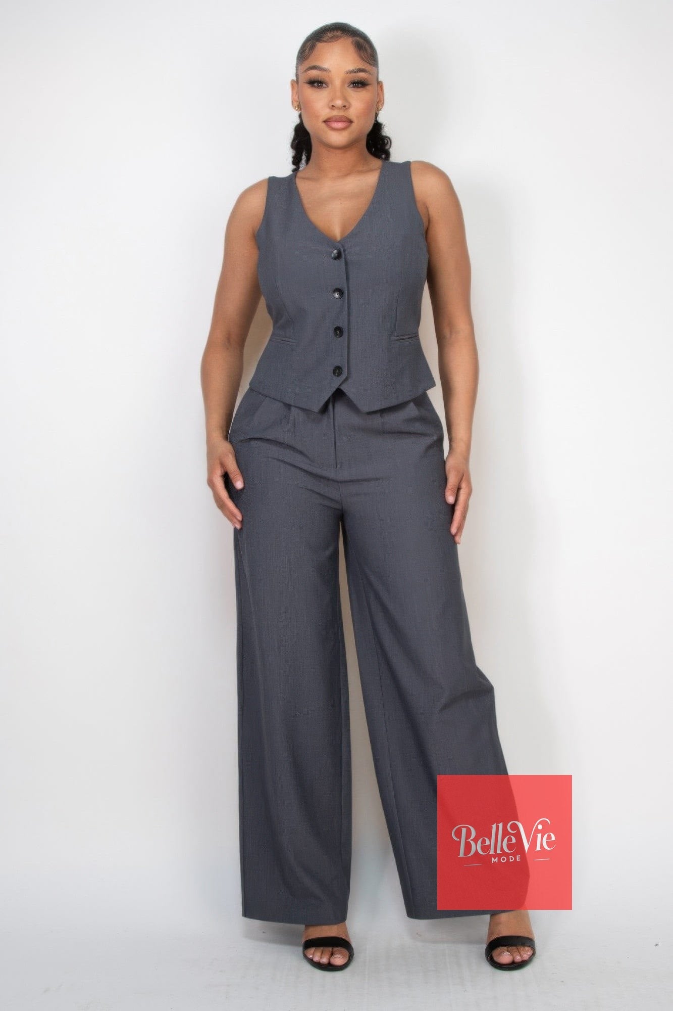 BelleVie Mode Pleated Double Waistband Pants