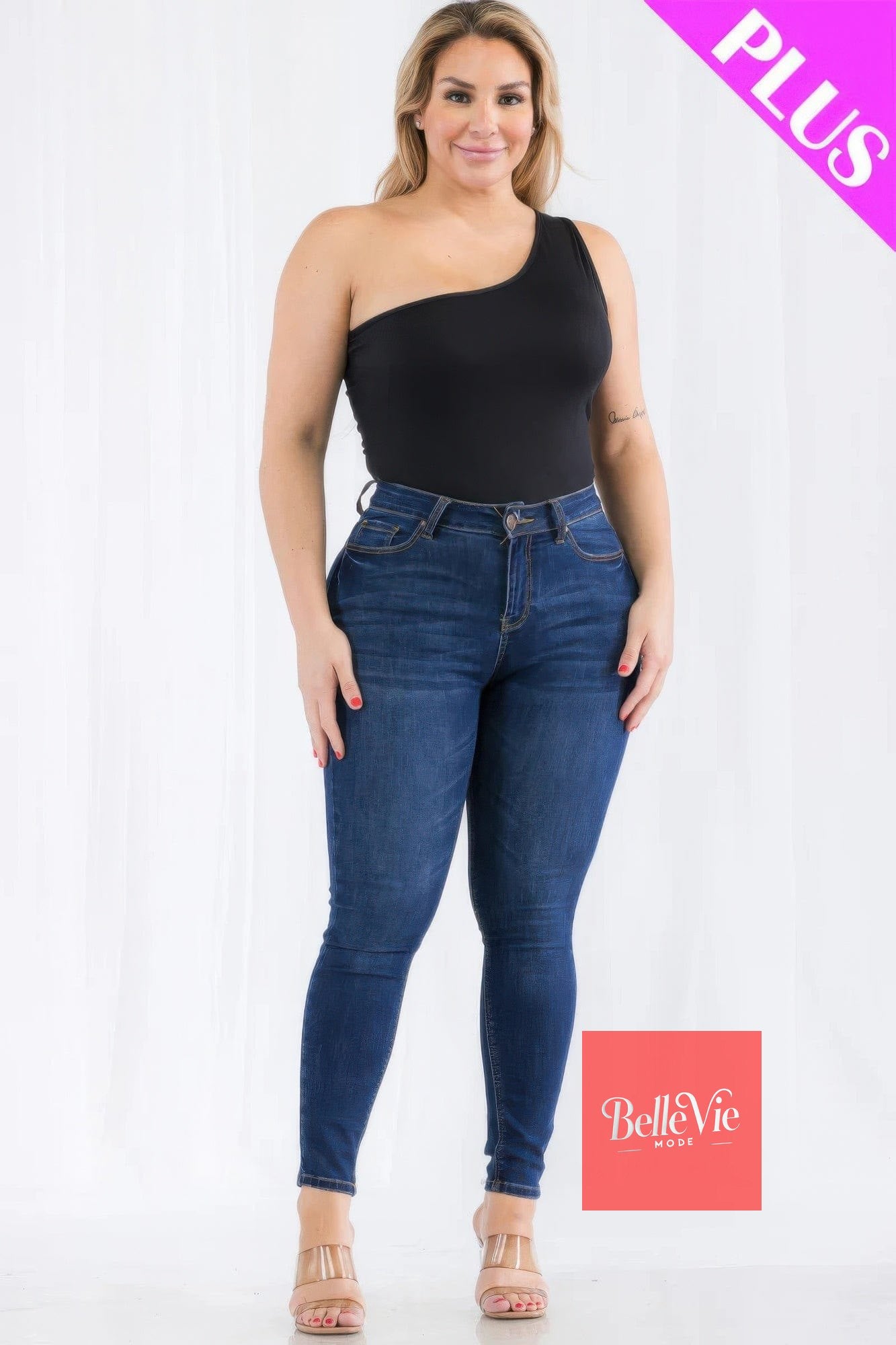 BelleVie Mode Plus size one shoulder solid casual bodysuit