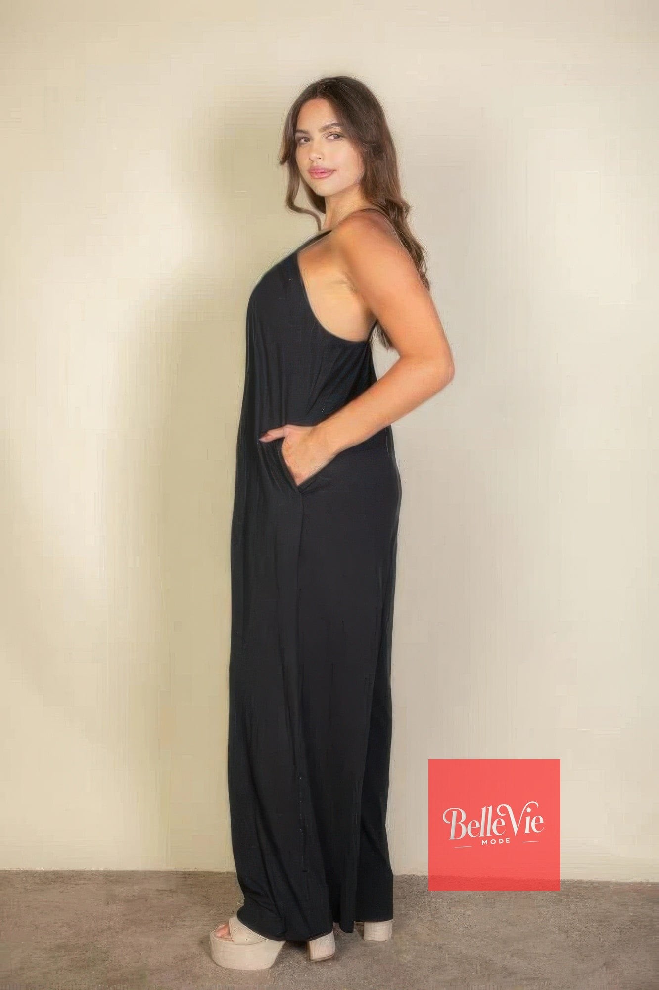 BelleVie Mode Plus spaghetti strap solid wide jumpsuit