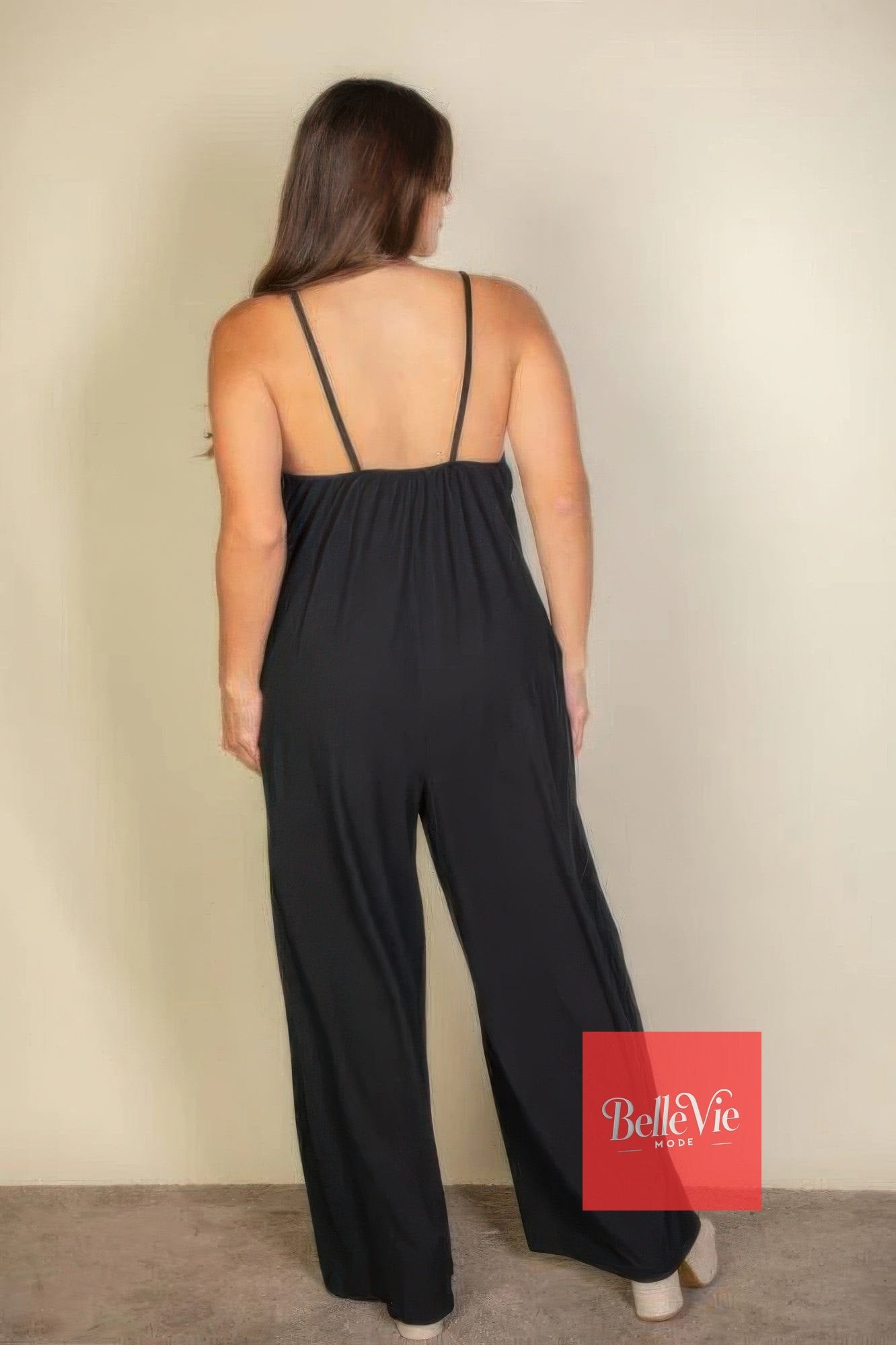 BelleVie Mode Plus spaghetti strap solid wide jumpsuit