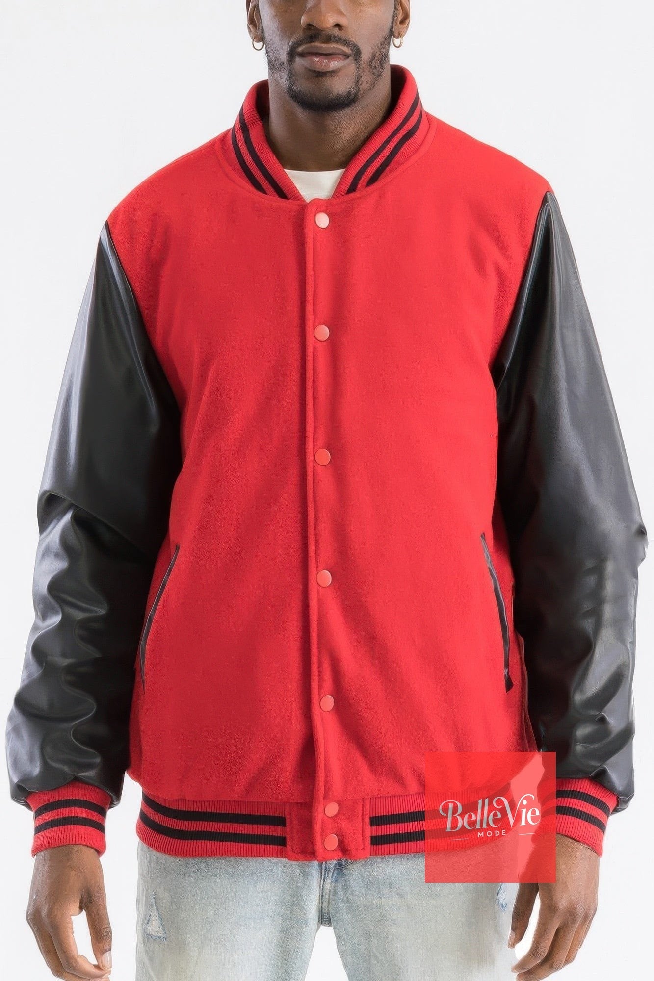 BelleVie Mode Red Black / S Melton Lettermans Varsity Jacket