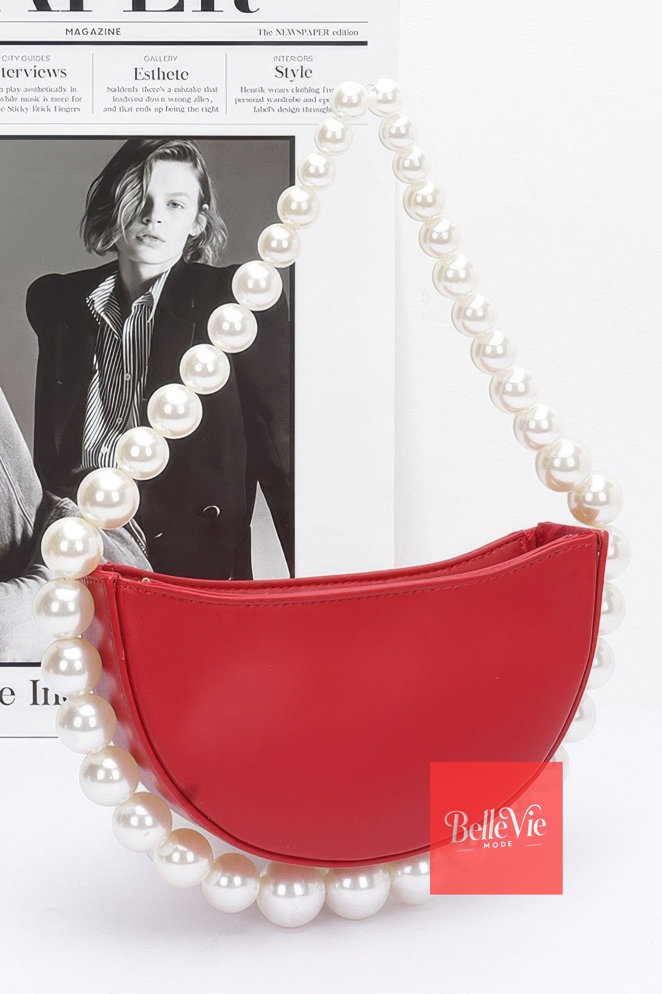 BelleVie Mode Red Faux Pearl Handle Half Moon Bag