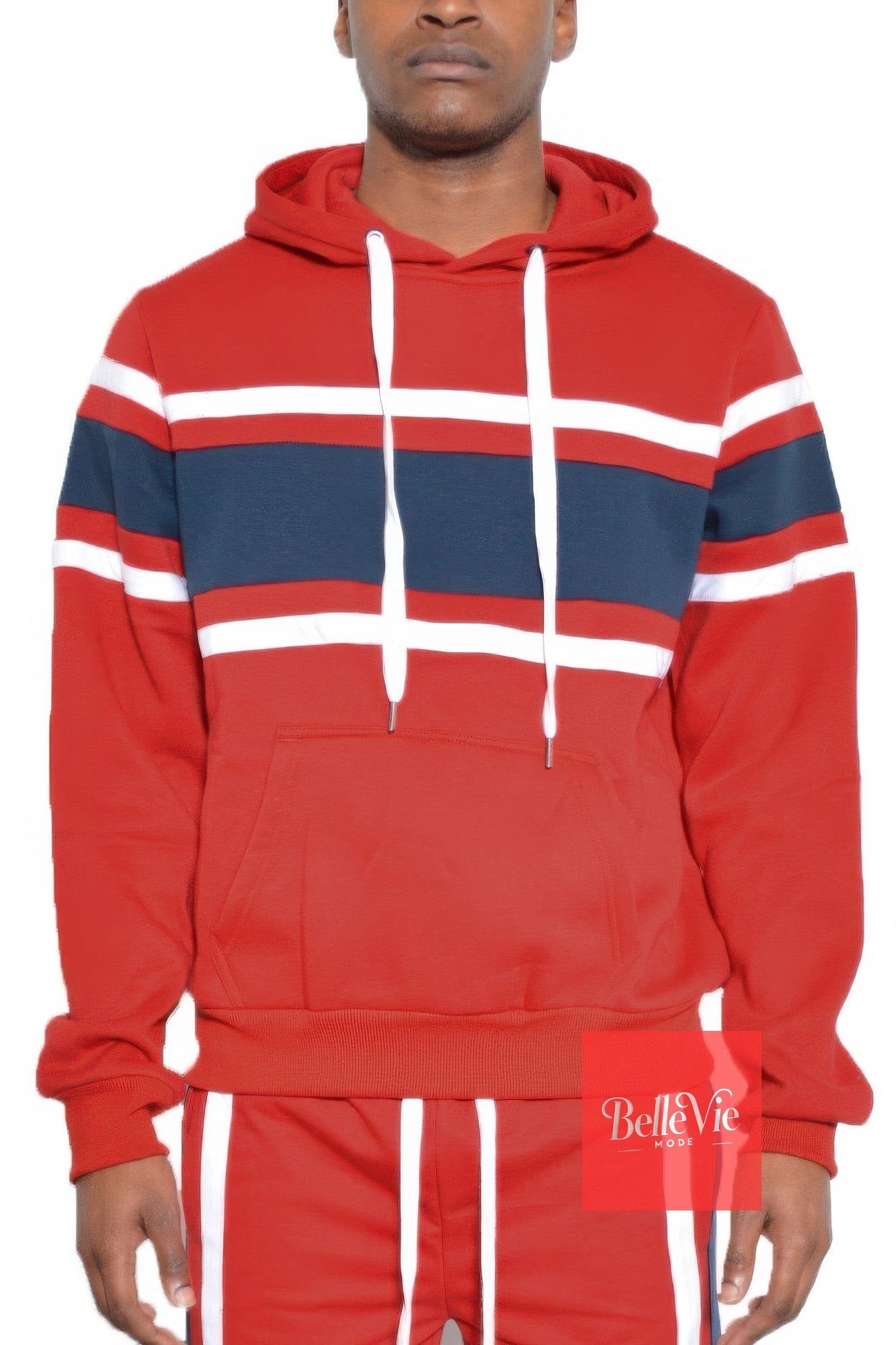 BelleVie Mode Red Navy / S Solid With Three Stripe Pullover Hoodie