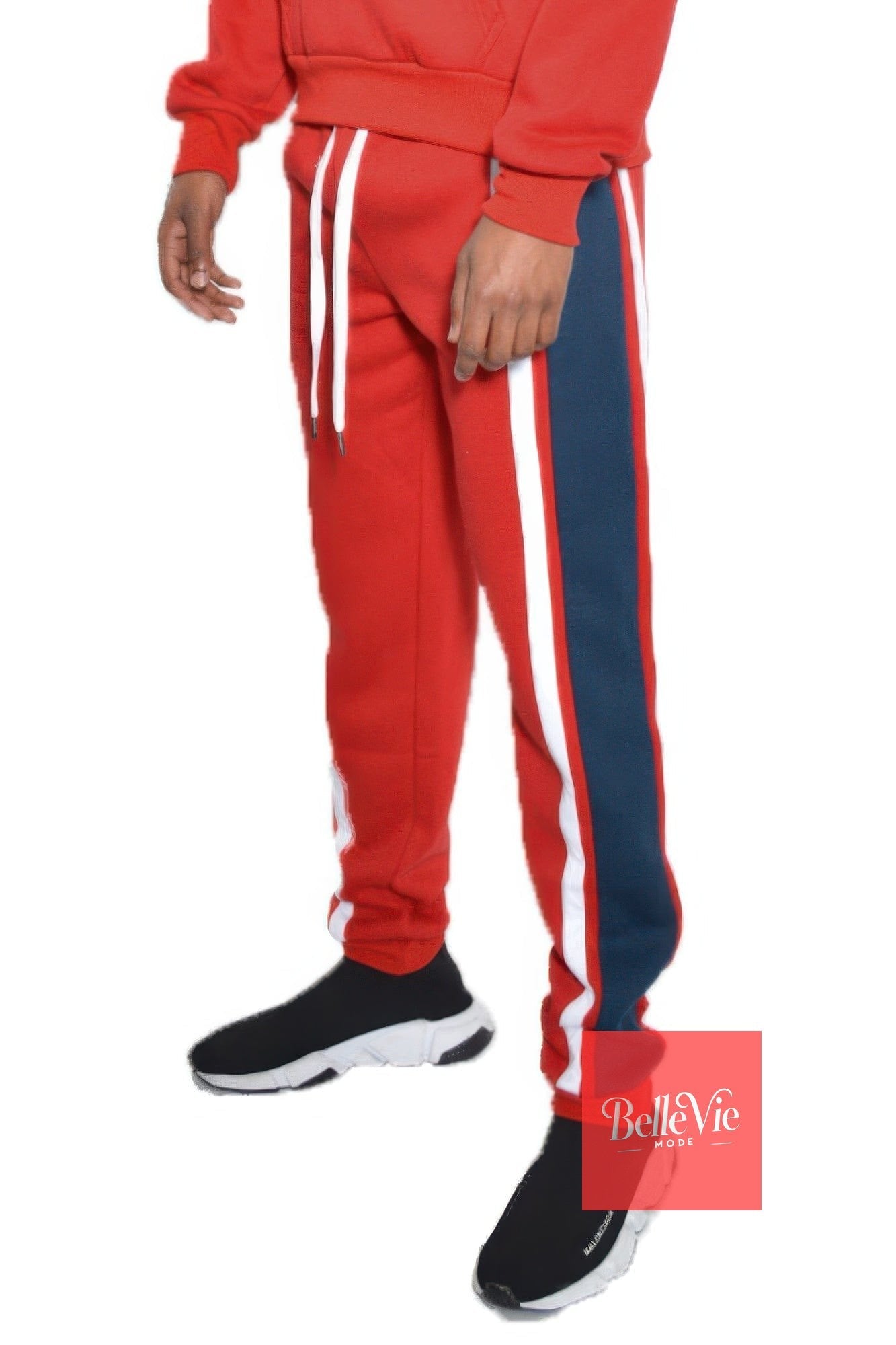 BelleVie Mode Red Navy / S Solid With Three Stripe Sweat Pants