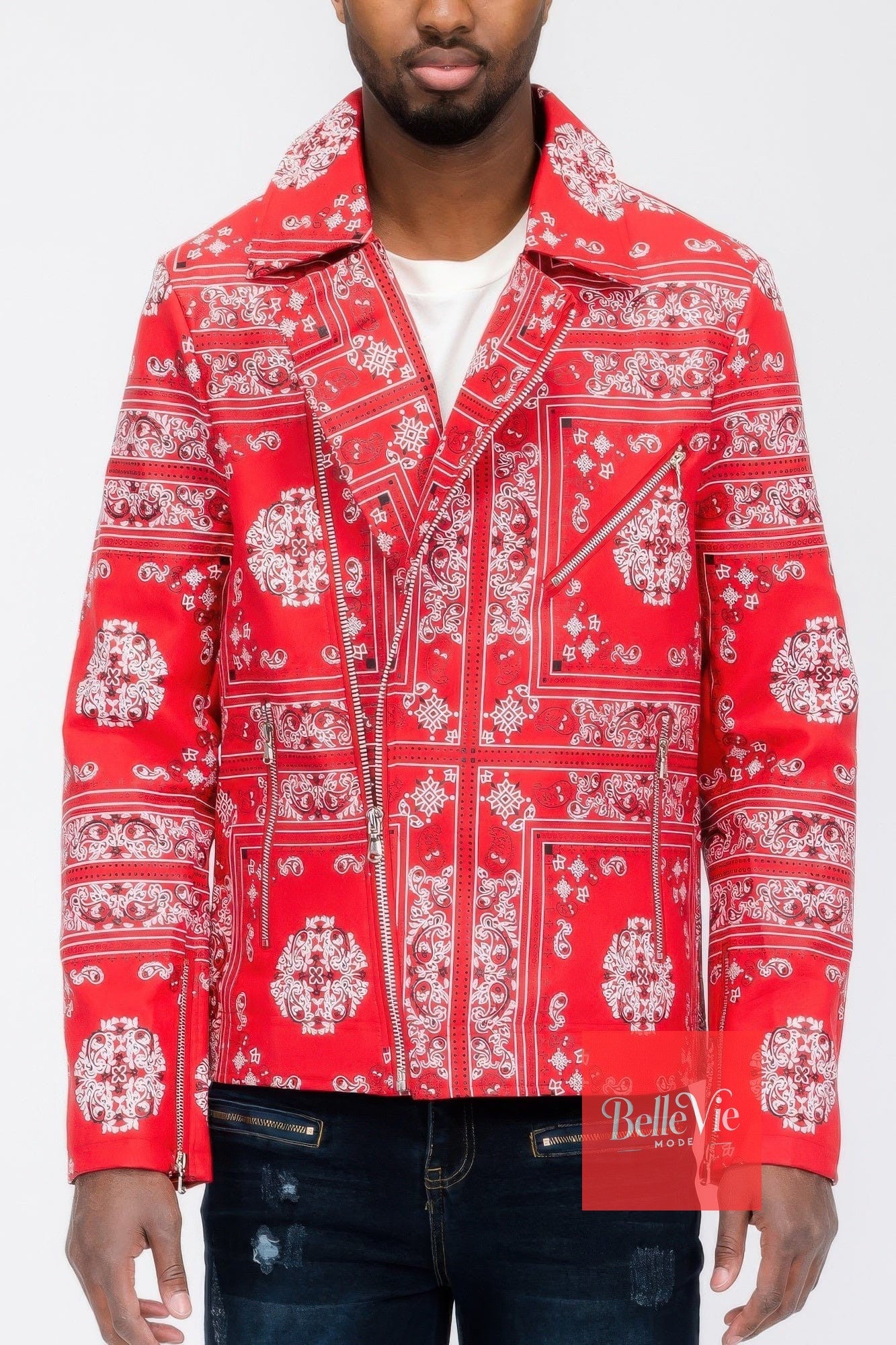 BelleVie Mode Red / S Bandana Print Vegan Leather Jacket