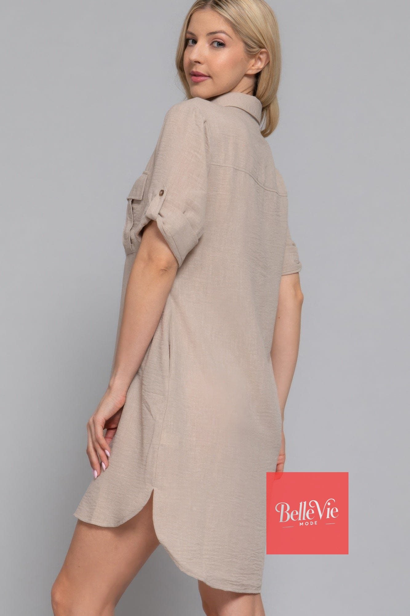 BelleVie Mode Roll Up Short Slv Straight Linen Effect Mini Dress