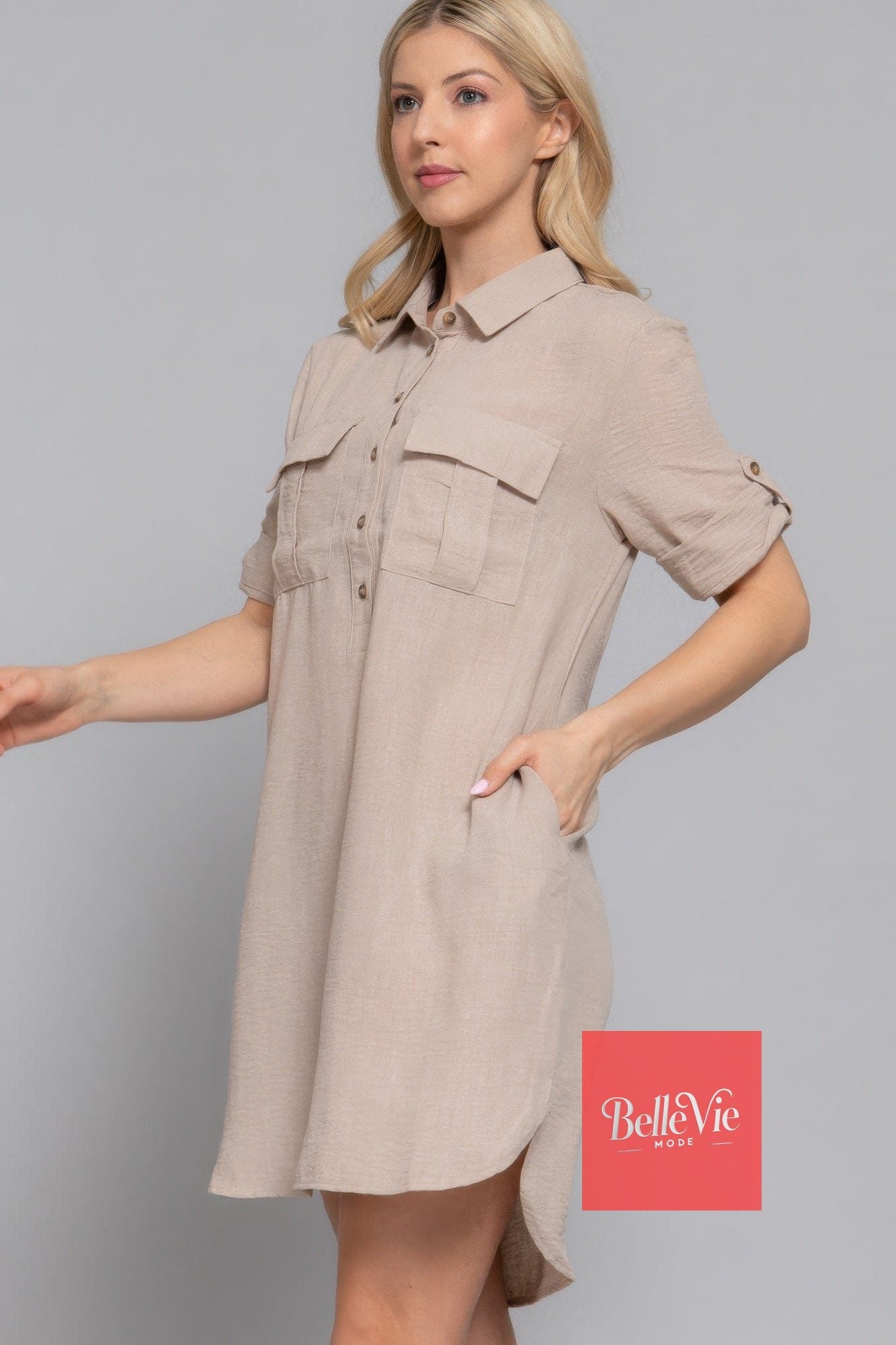 BelleVie Mode Roll Up Short Slv Straight Linen Effect Mini Dress