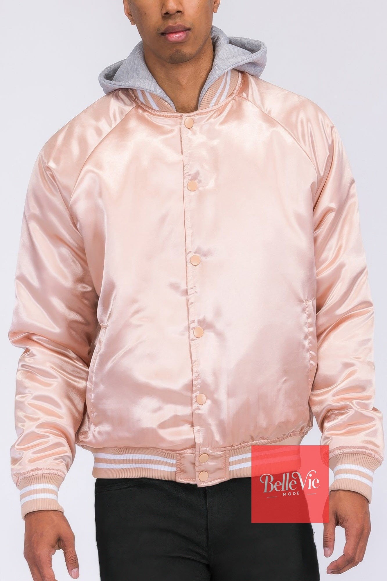 BelleVie Mode Rose / S Satin Varsity Bomber Jacket