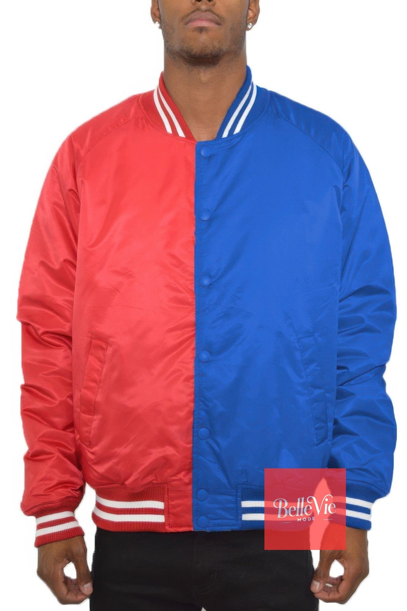 BelleVie Mode Royal Red / S Color Block Two Tone Varsity Jacket