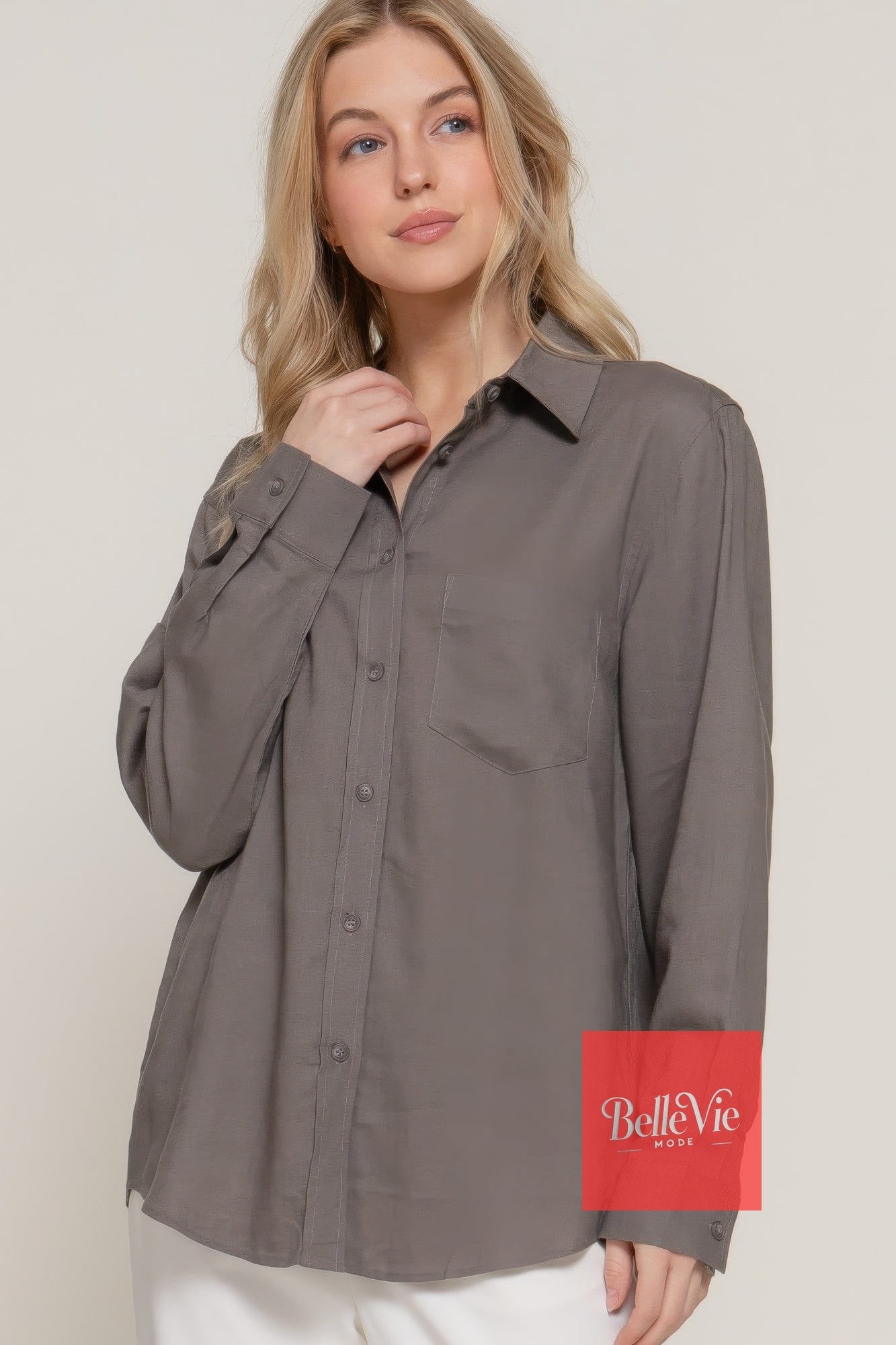 BelleVie Mode S Long Sleeve Linen Blend Shirt