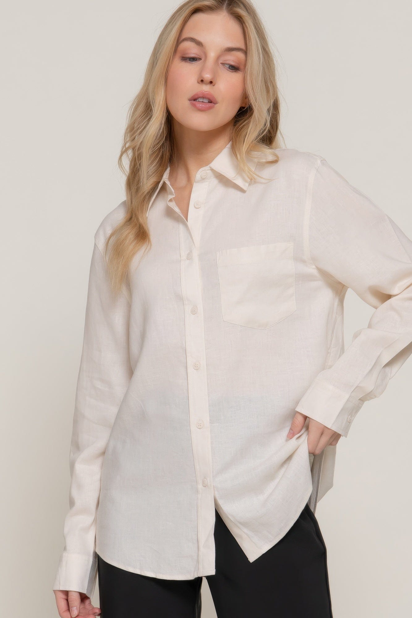 BelleVie Mode S Long Sleeve Linen Blend Shirt