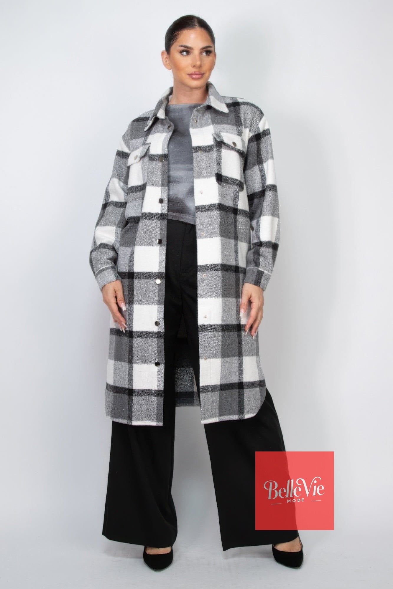 BelleVie Mode S Plaid Buttoned Shacket Coat