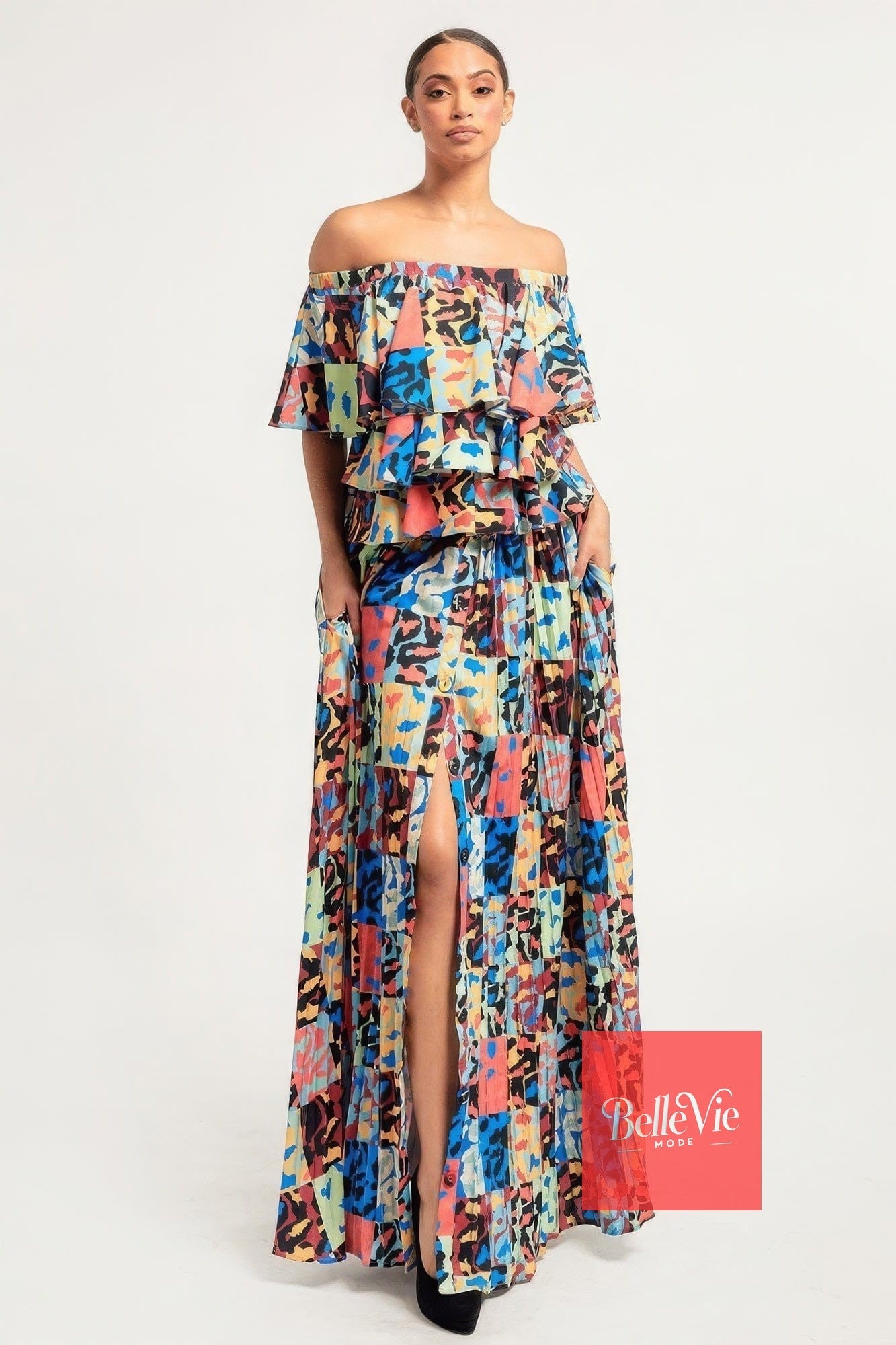 BelleVie Mode S Printed Ruffle Top And Pleated Skirt Set