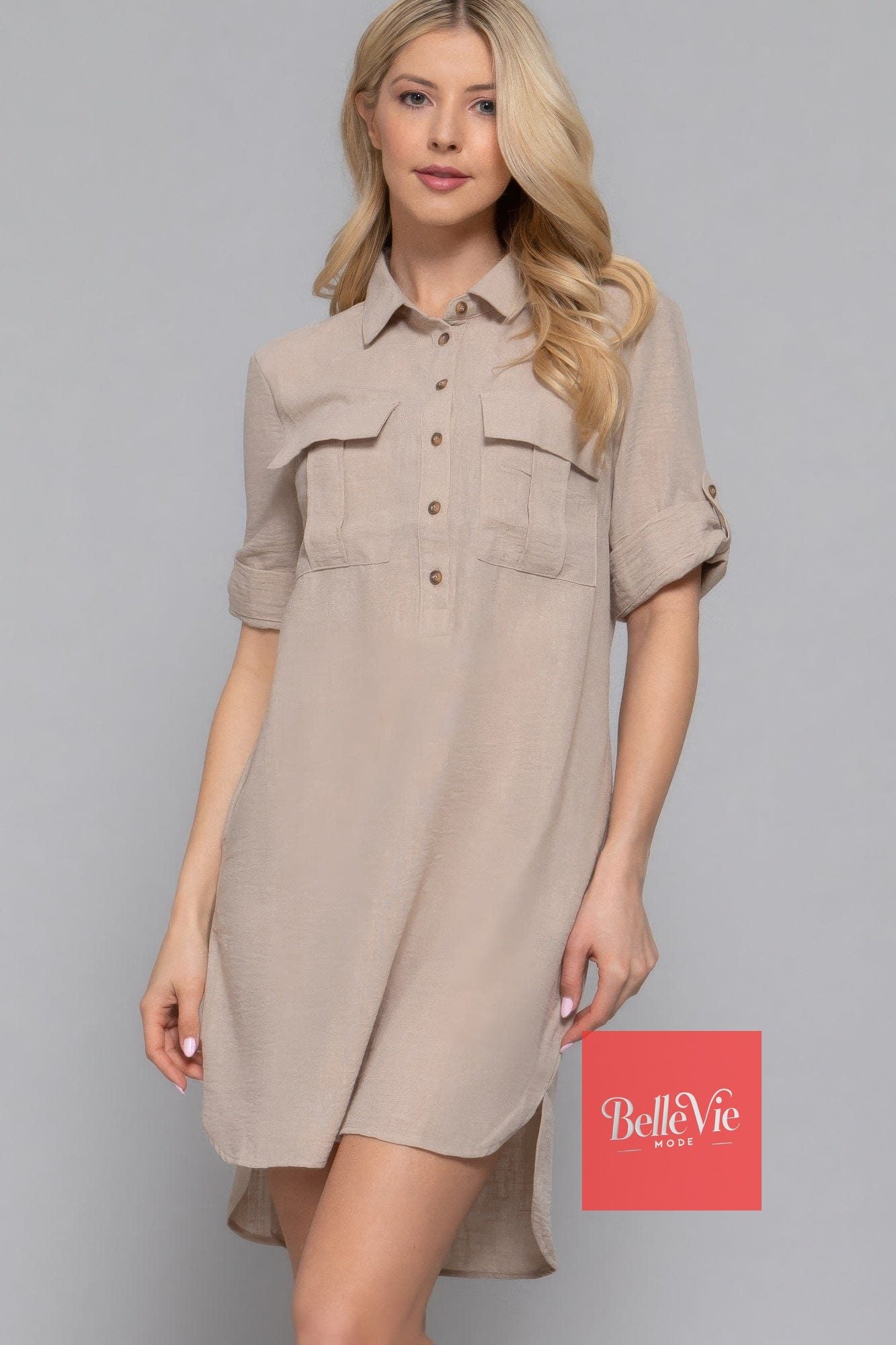 BelleVie Mode S Roll Up Short Slv Straight Linen Effect Mini Dress