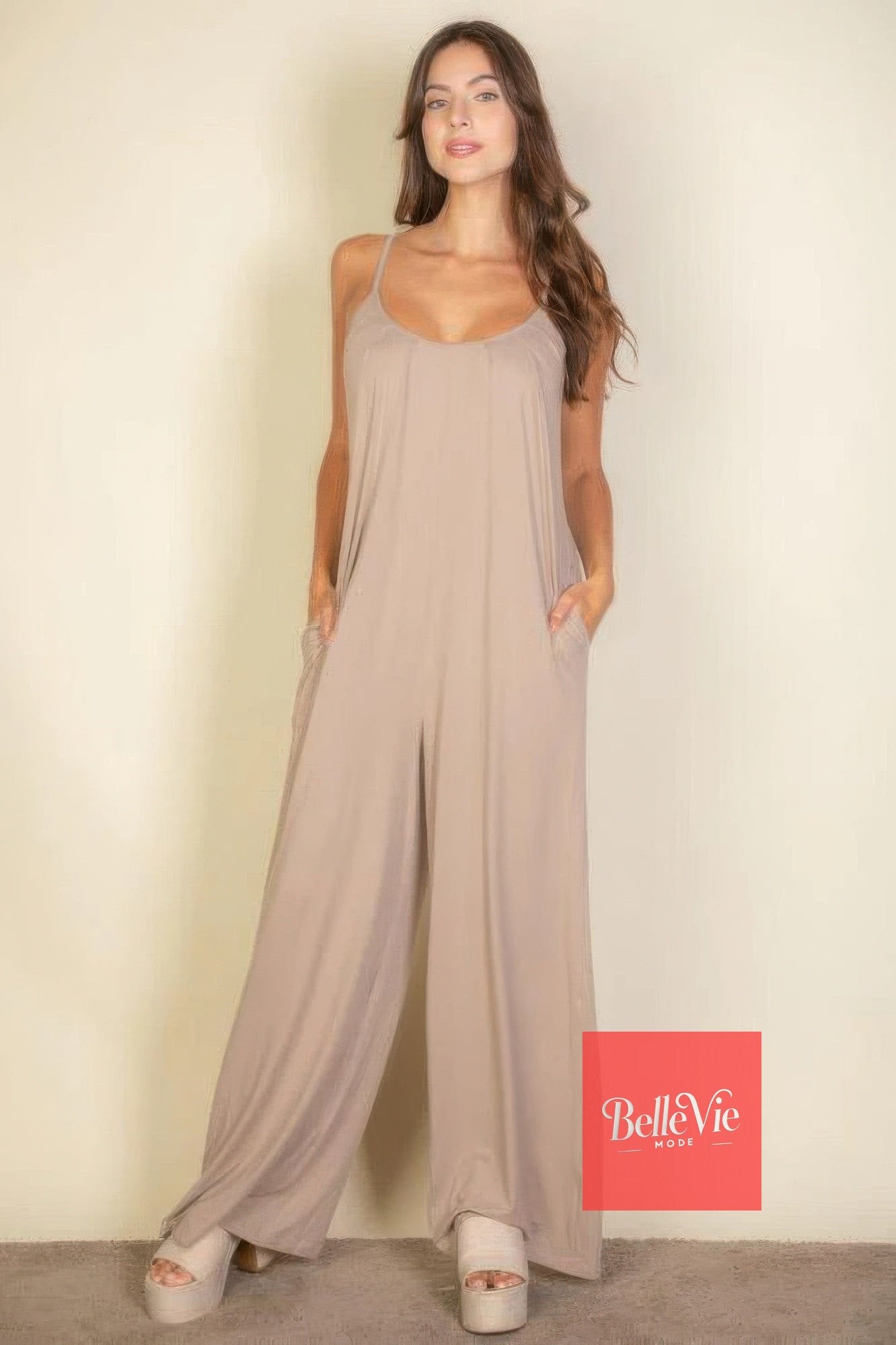 BelleVie Mode S Spaghetti Strap Solid Wide Jumpsuit