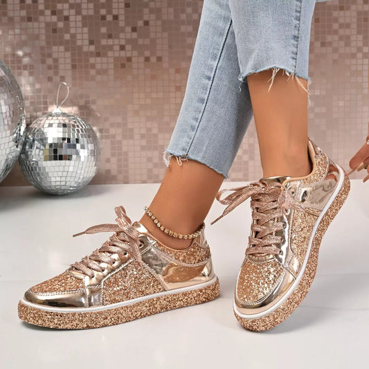 Sequin Lace Up Sneakers - BelleVieMode