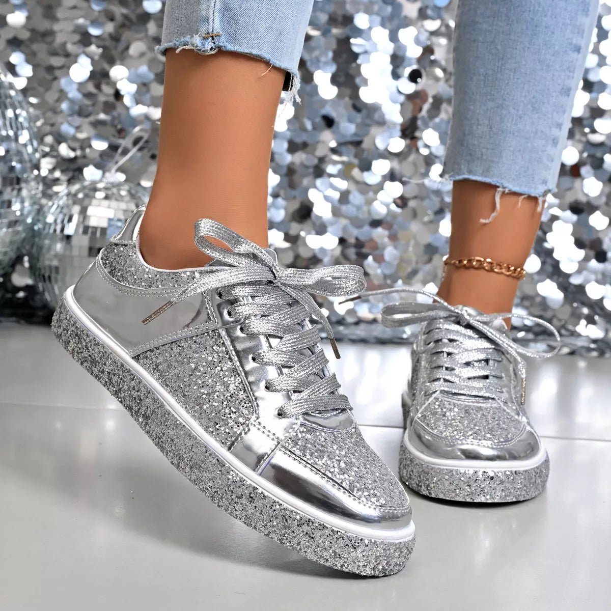 Sequin Lace Up Sneakers - BelleVieMode