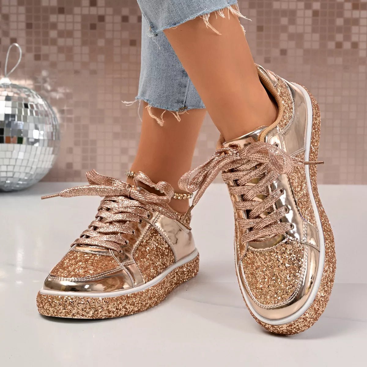 Sequin Lace Up Sneakers - BelleVieMode