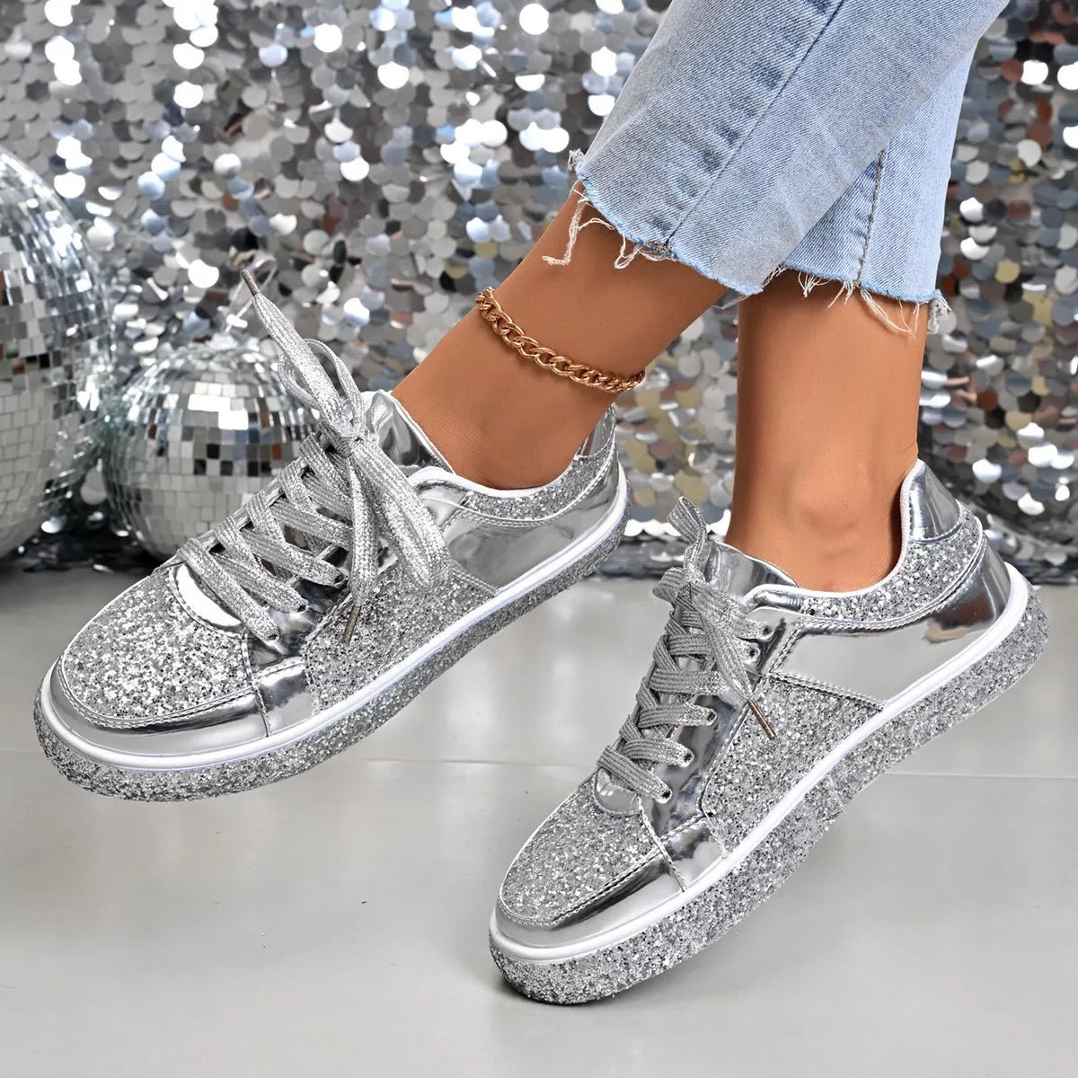 Sequin Lace Up Sneakers - BelleVieMode