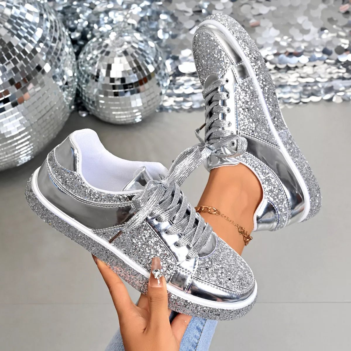Sequin Lace Up Sneakers - BelleVieMode