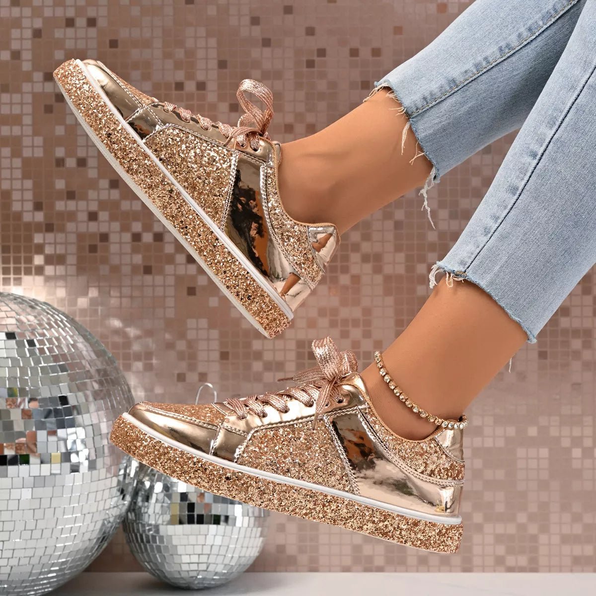 Sequin Lace Up Sneakers - BelleVieMode