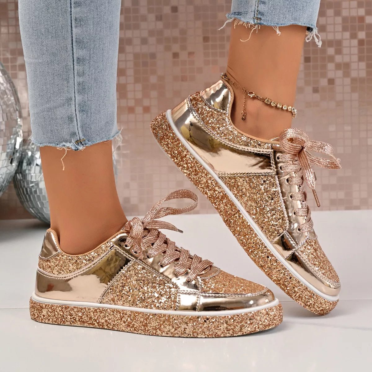 Sequin Lace Up Sneakers - BelleVieMode