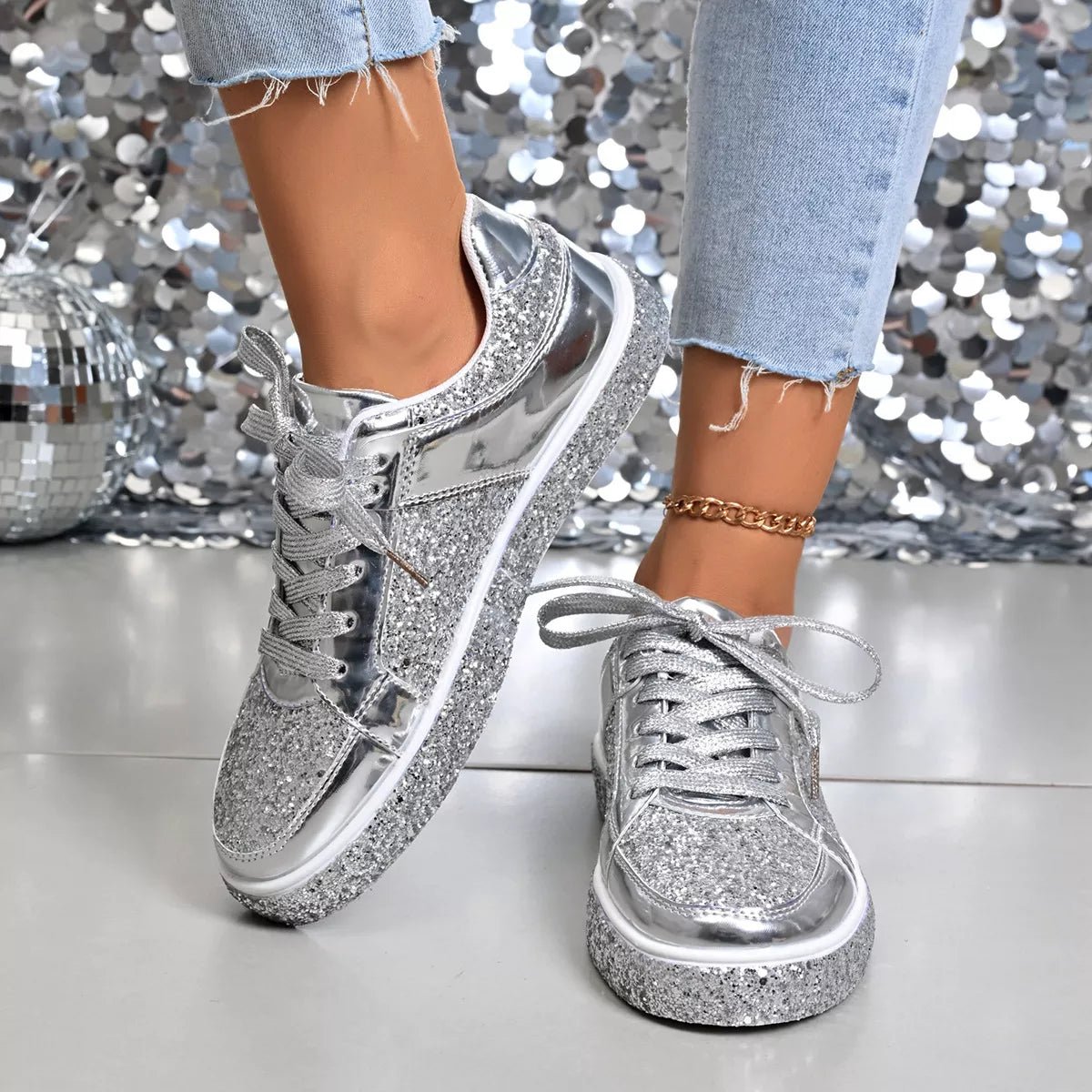 Sequin Lace Up Sneakers - BelleVieMode