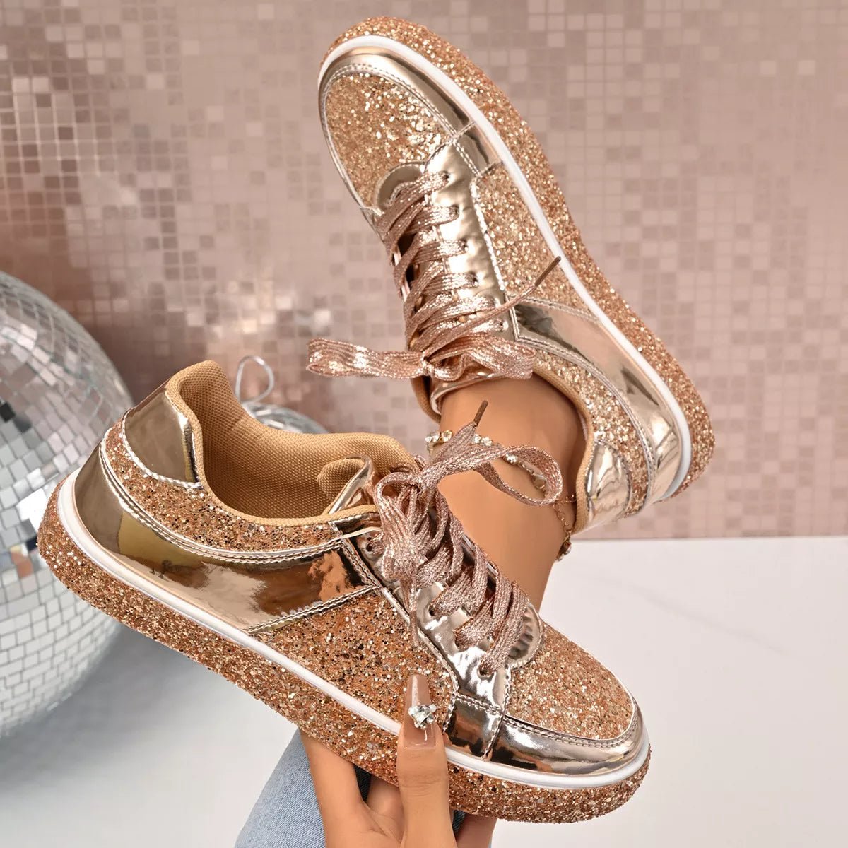 Sequin Lace Up Sneakers - BelleVieMode
