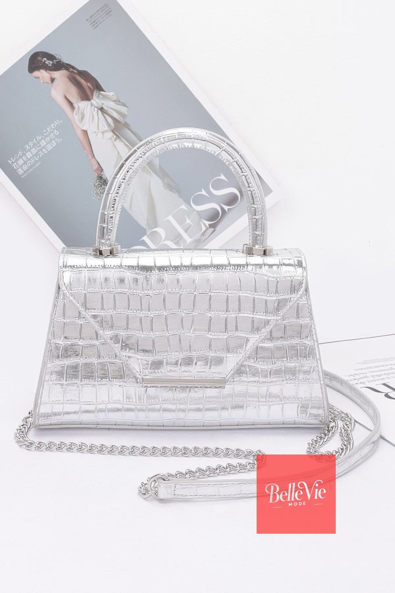 BelleVie Mode Silver Crocodile Embossed Metallic Leather Top Handle Bag