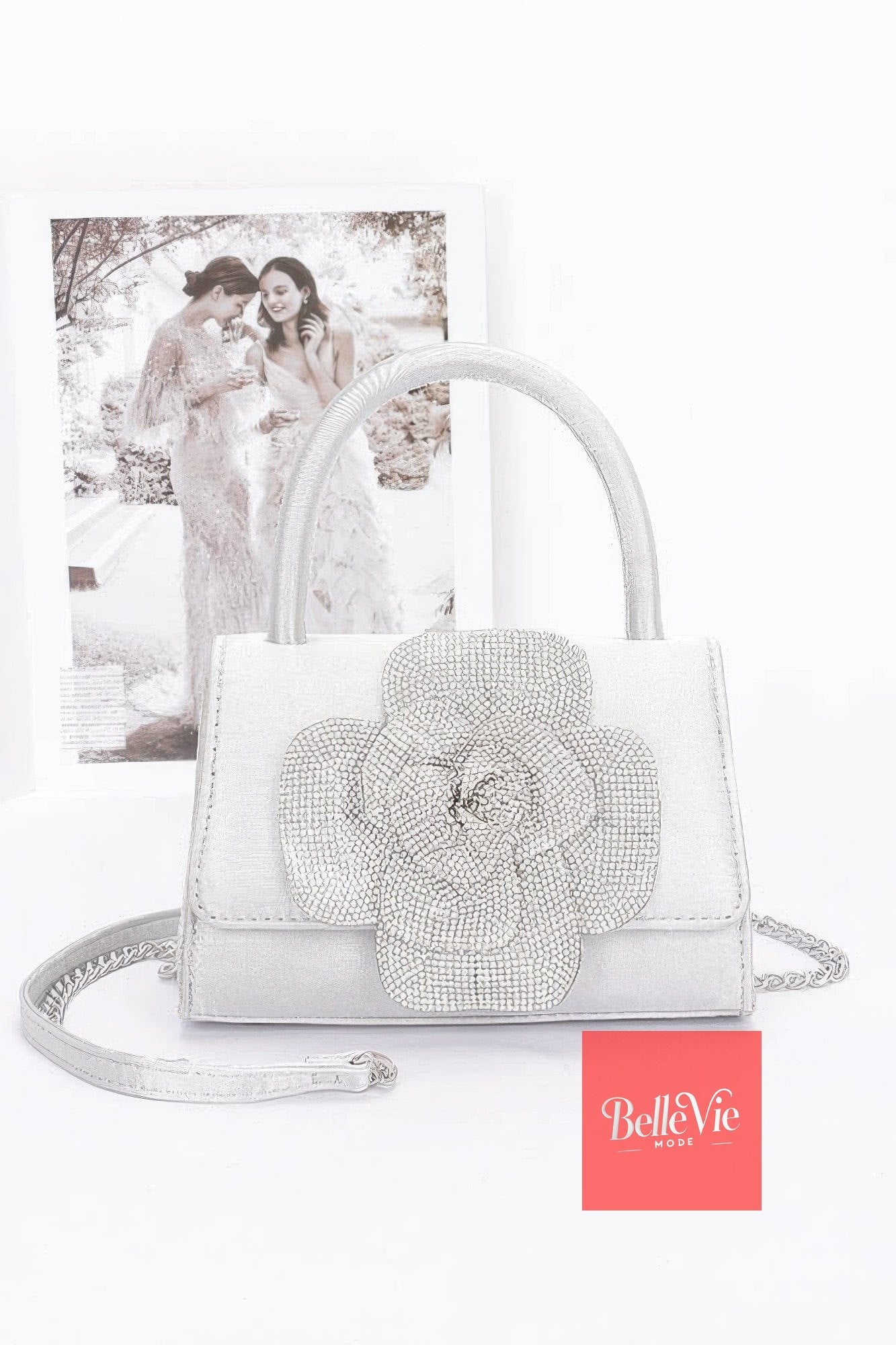 BelleVie Mode Silver Floral Elegance Tote