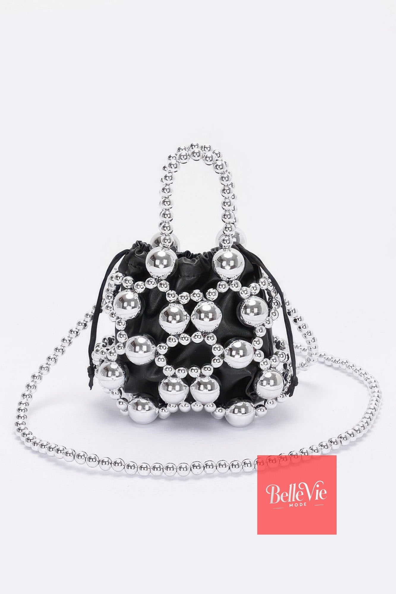 BelleVie Mode Silver Metallic Plastic Ball Party Clutch W/pouch