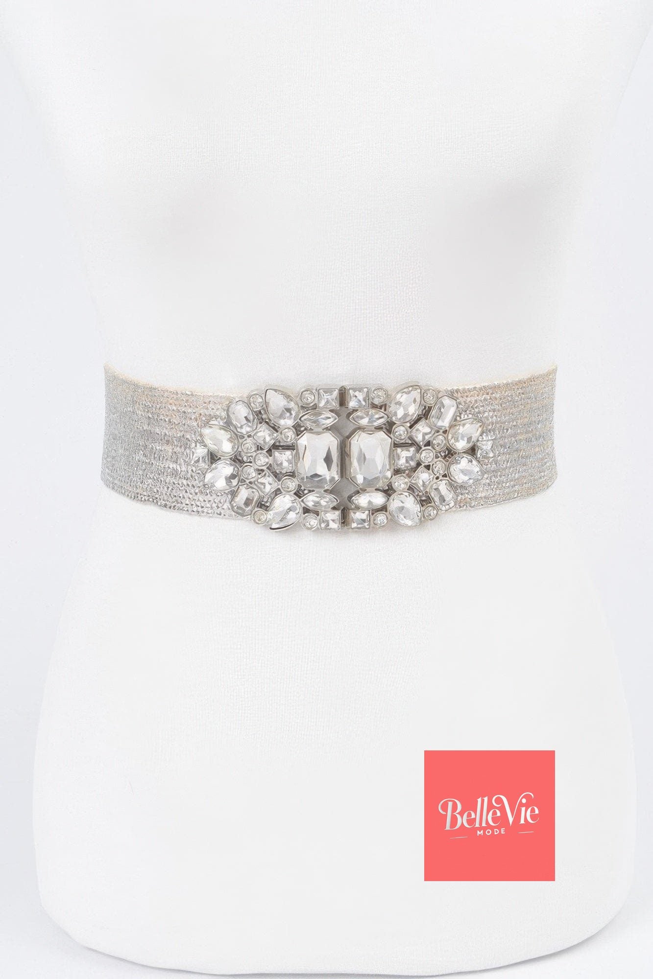 BelleVie Mode Silver Multi Stone Metallic Straw Stretch Belt