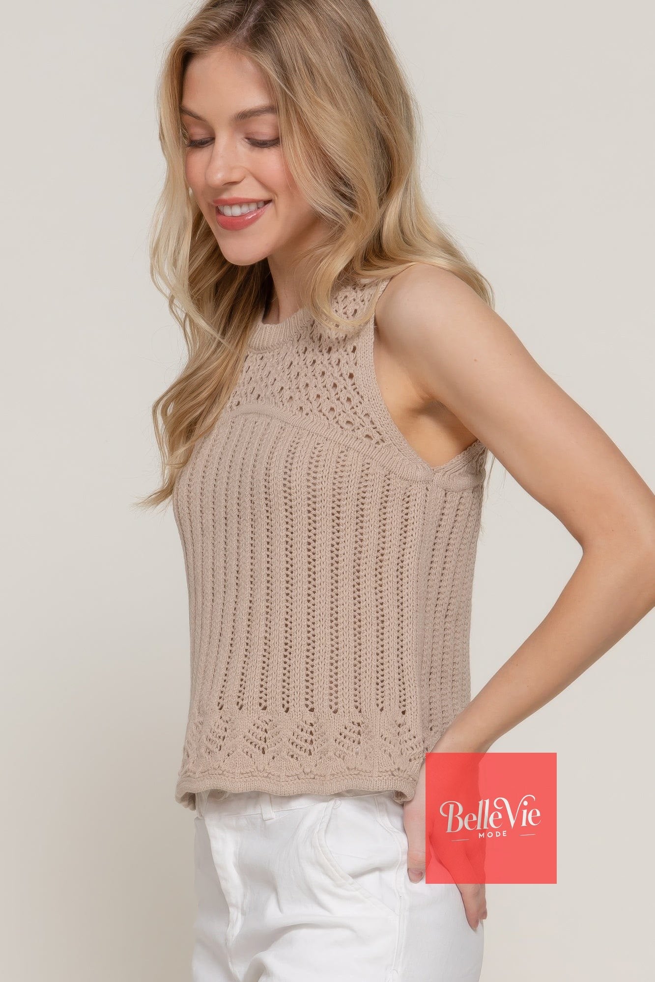 BelleVie Mode Sleeveless Crochet Spring Sweater