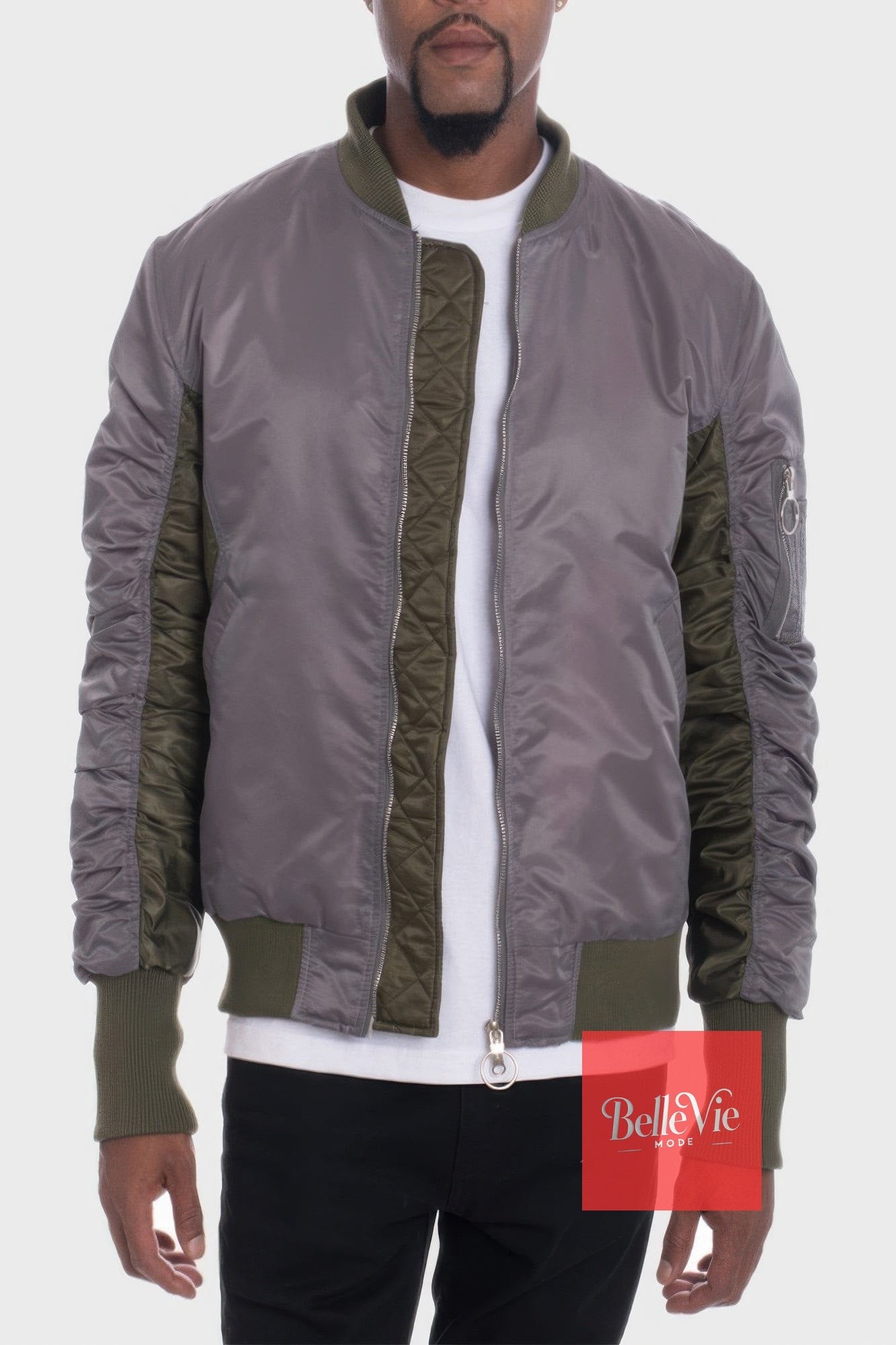 BelleVie Mode Smoke Olive / S Two Tone Color Block Bomber Jacket