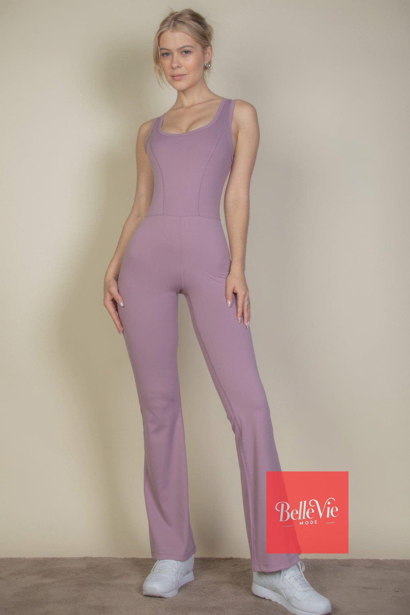 BelleVie Mode Smoky pink / S Solid Flare Leg Sports Jumpsuit