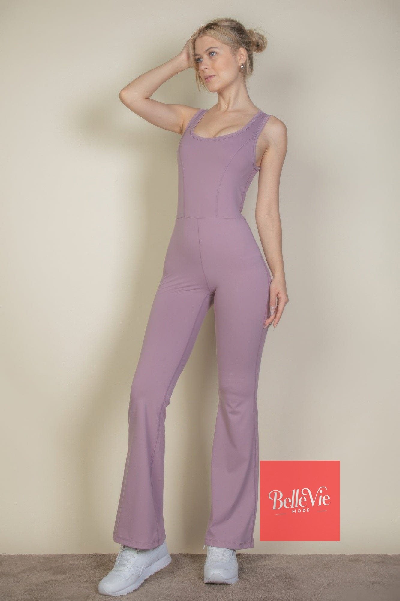 BelleVie Mode Solid Flare Leg Sports Jumpsuit