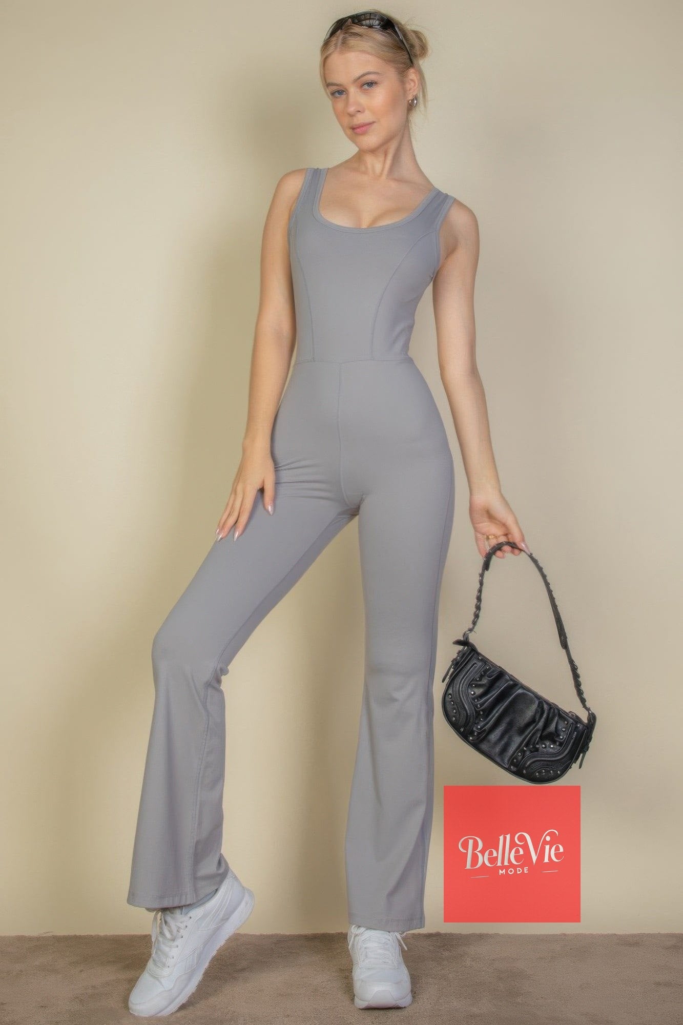 BelleVie Mode Solid Flare Leg Sports Jumpsuit