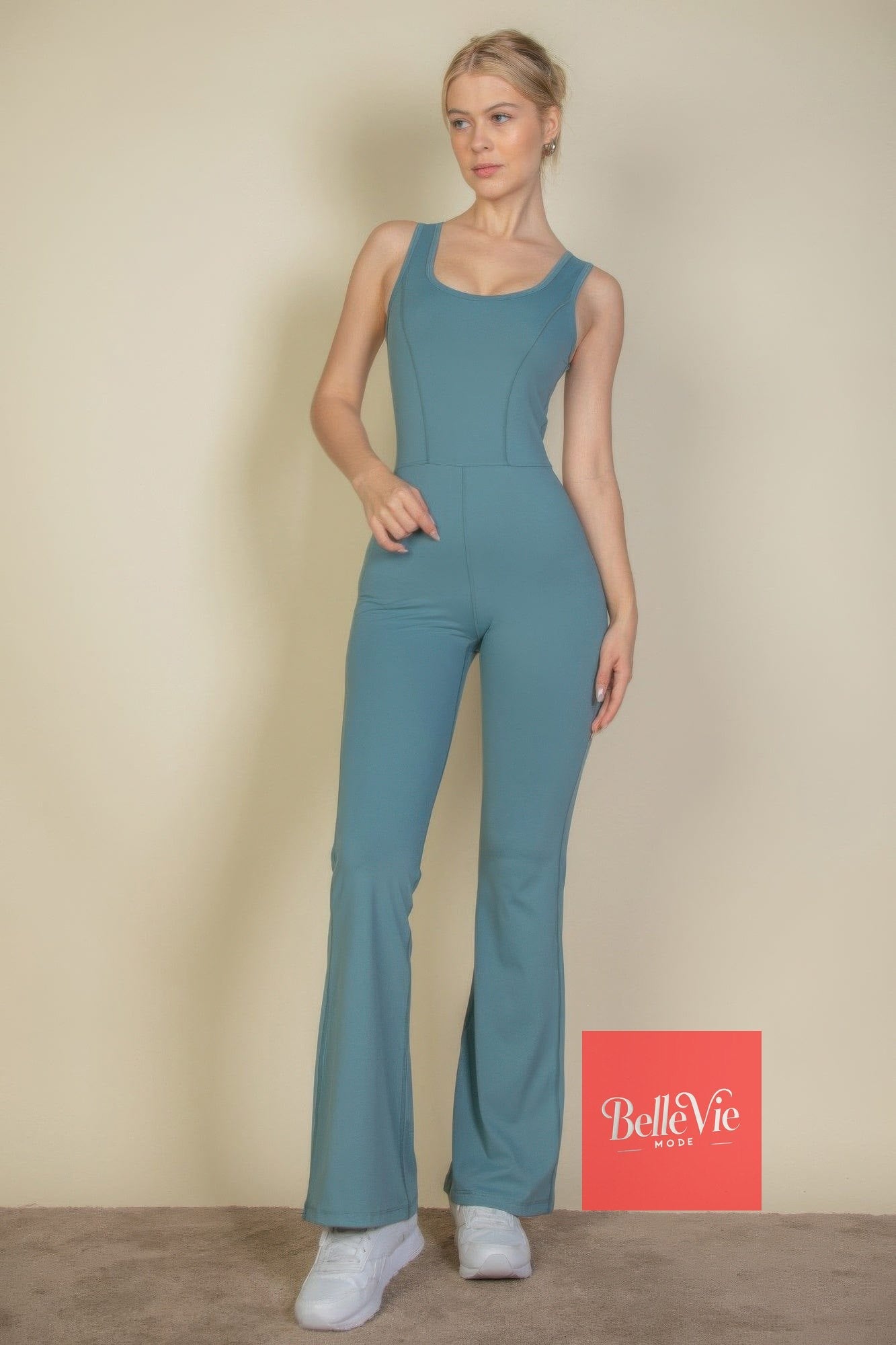 BelleVie Mode Solid Flare Leg Sports Jumpsuit