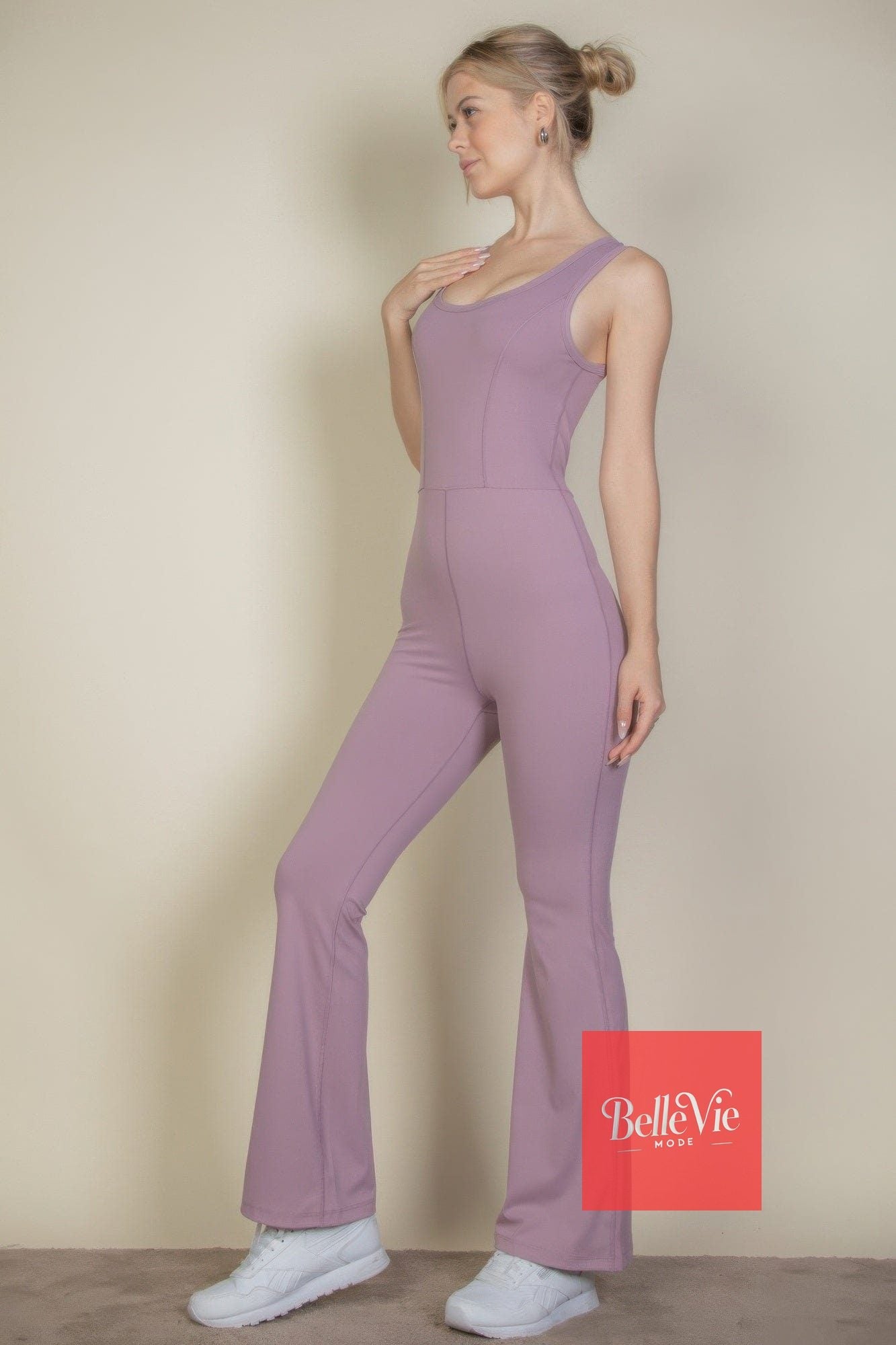 BelleVie Mode Solid Flare Leg Sports Jumpsuit