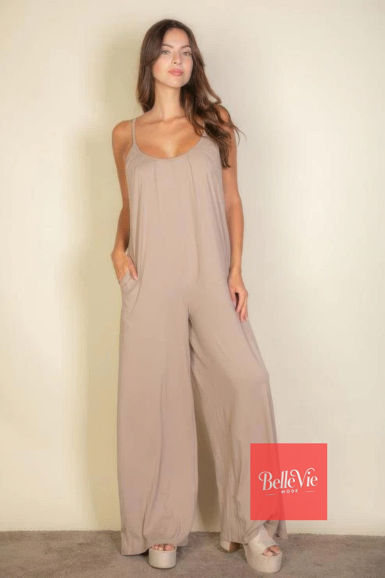 BelleVie Mode Spaghetti Strap Solid Wide Jumpsuit