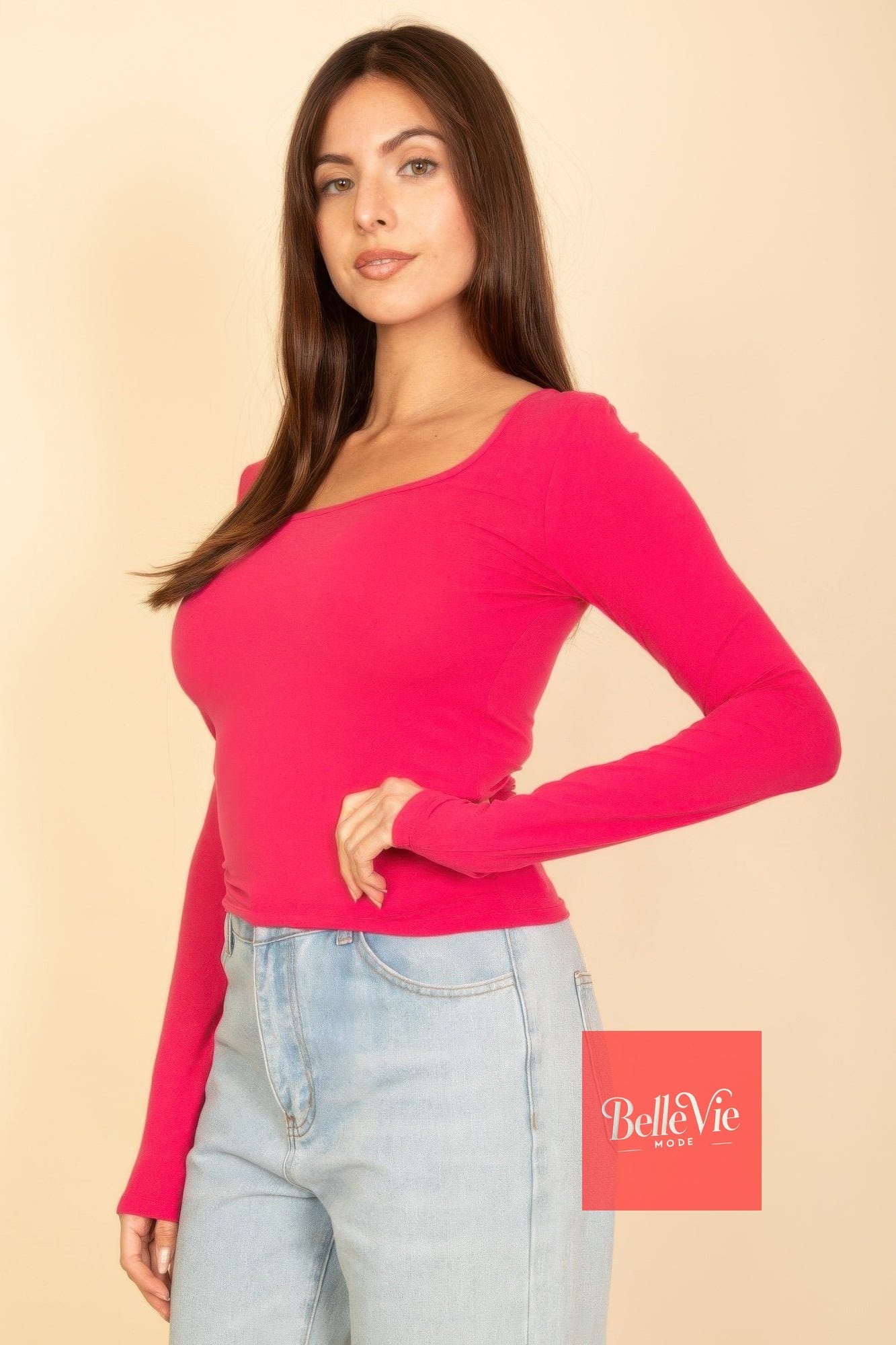 BelleVie Mode Square Neck Long Sleeve Top